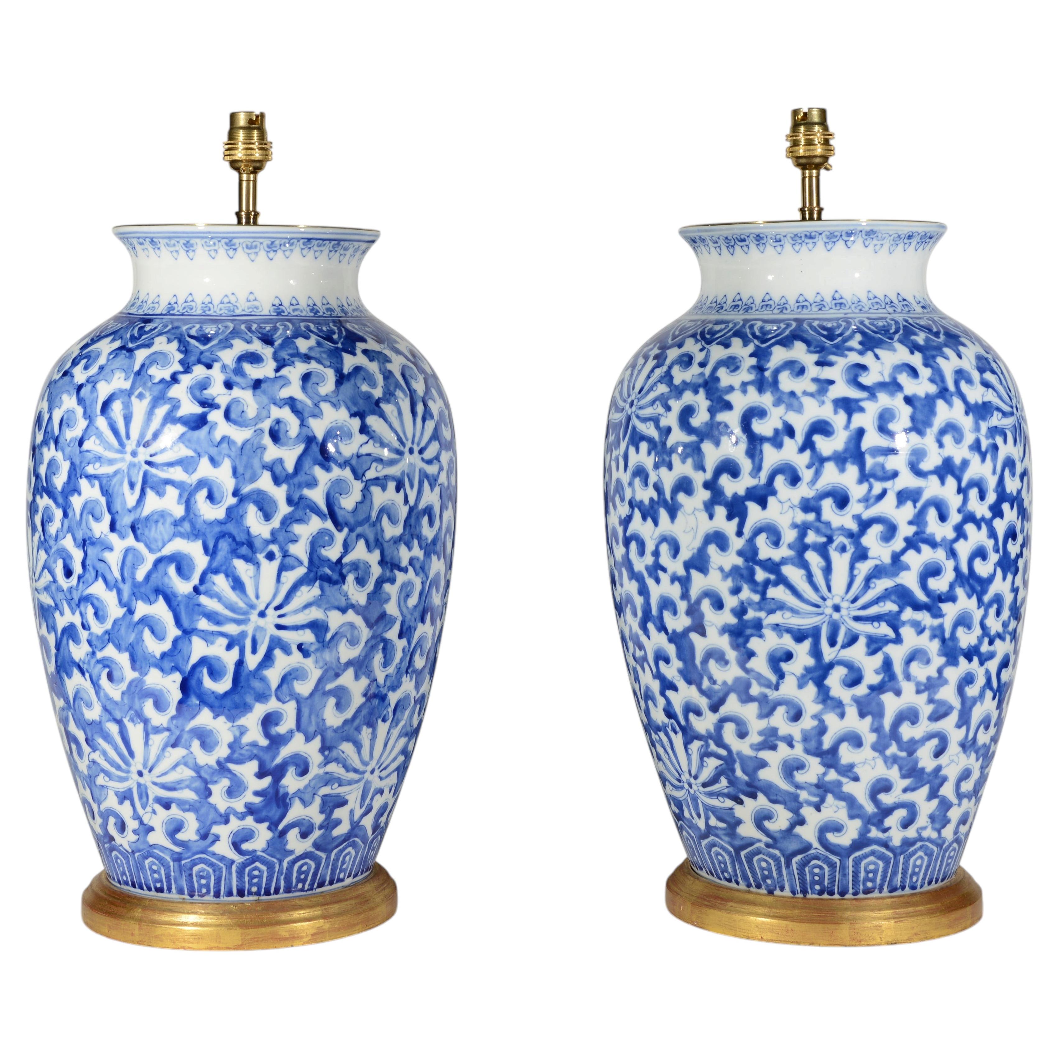 Pair of Chinese Blue & White Porcelain 20th Century Table Lamps