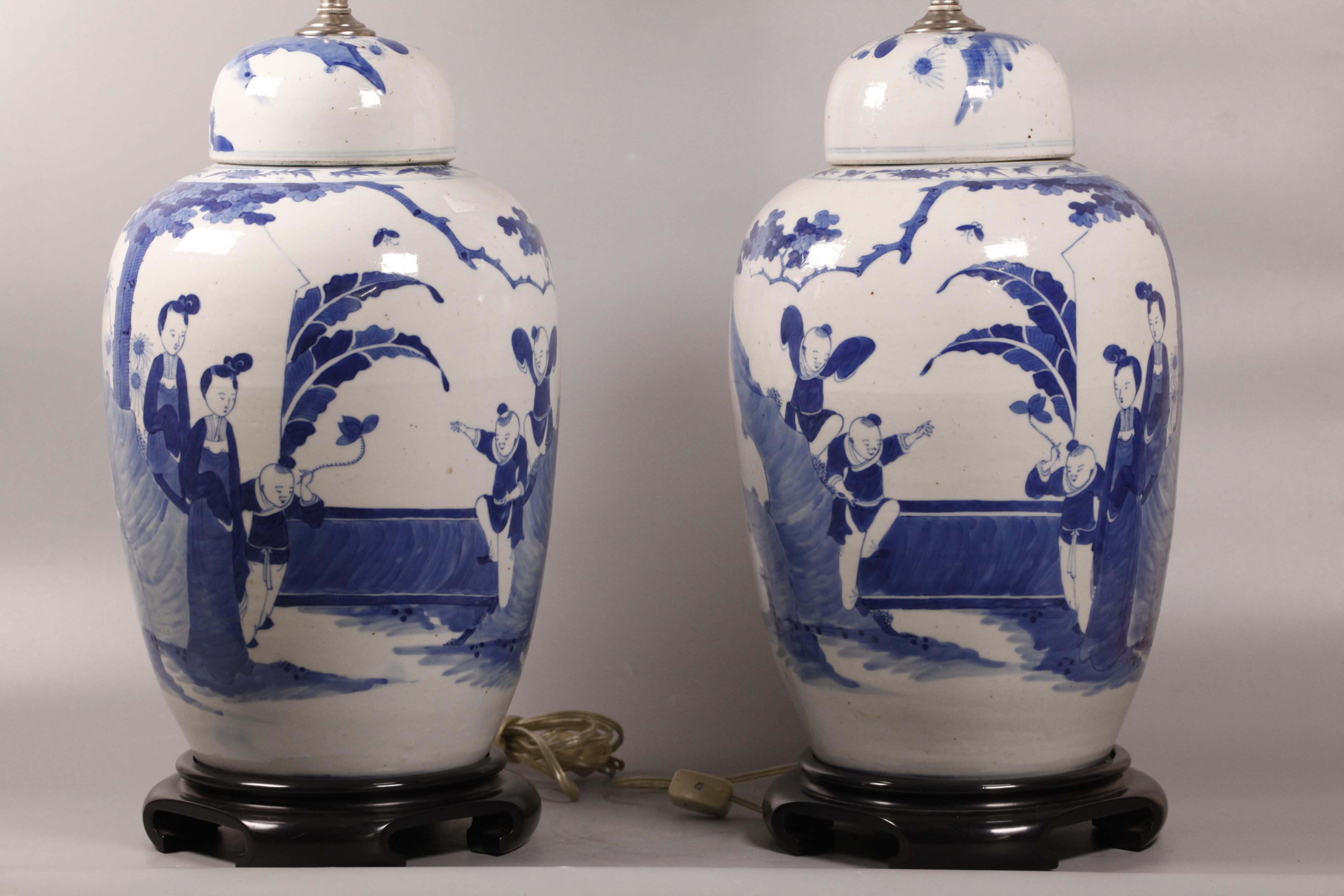 overall height of each cover jar including lighting components: 29in(H); cover jar only: 15in(H); each jar is decorated with a continuous figural scene