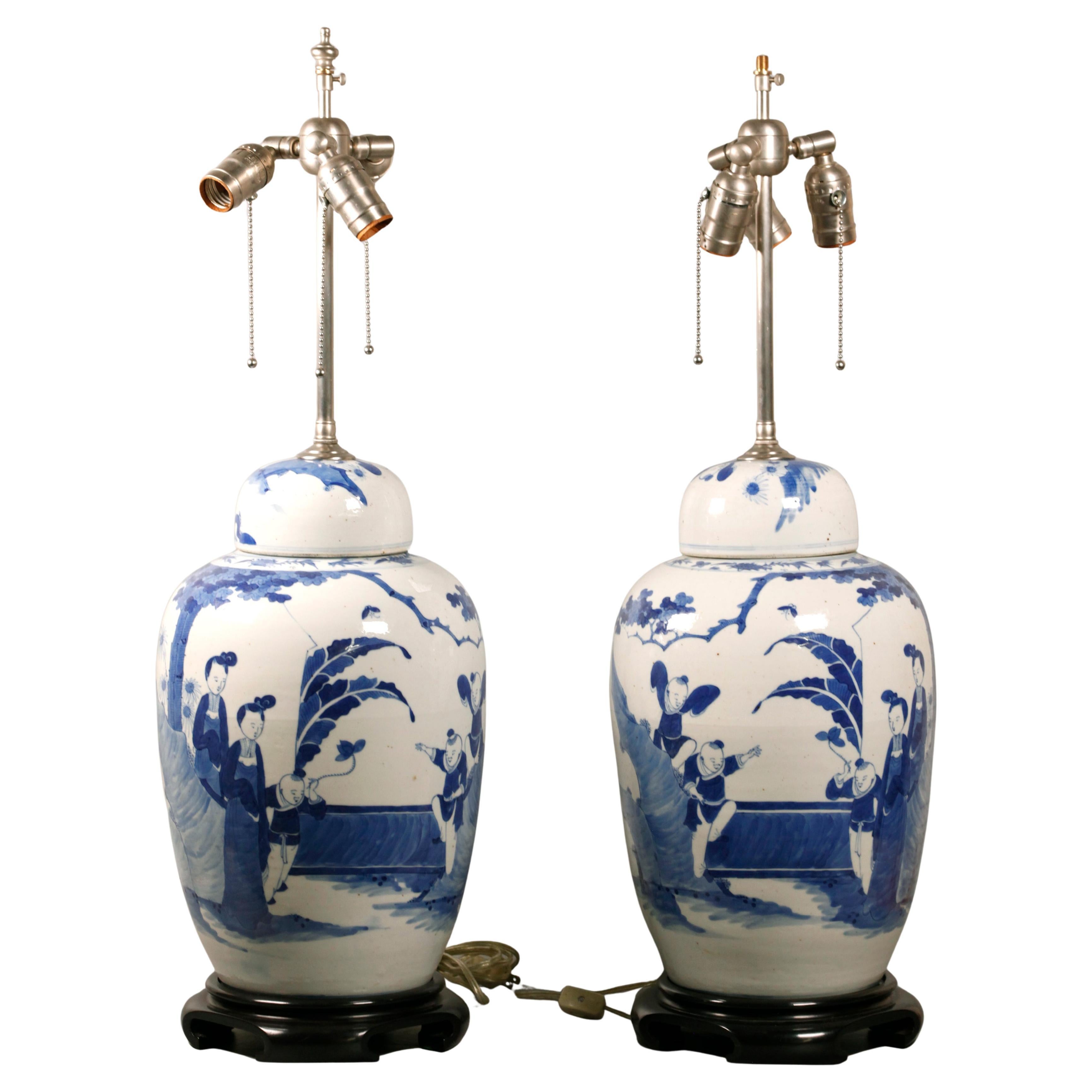 pair of Chinese blue & white porcelain cover jars, 19th c.