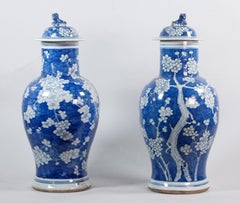 Pair of Chinese Blue & White Porcelain Cover Vases, 19th Century