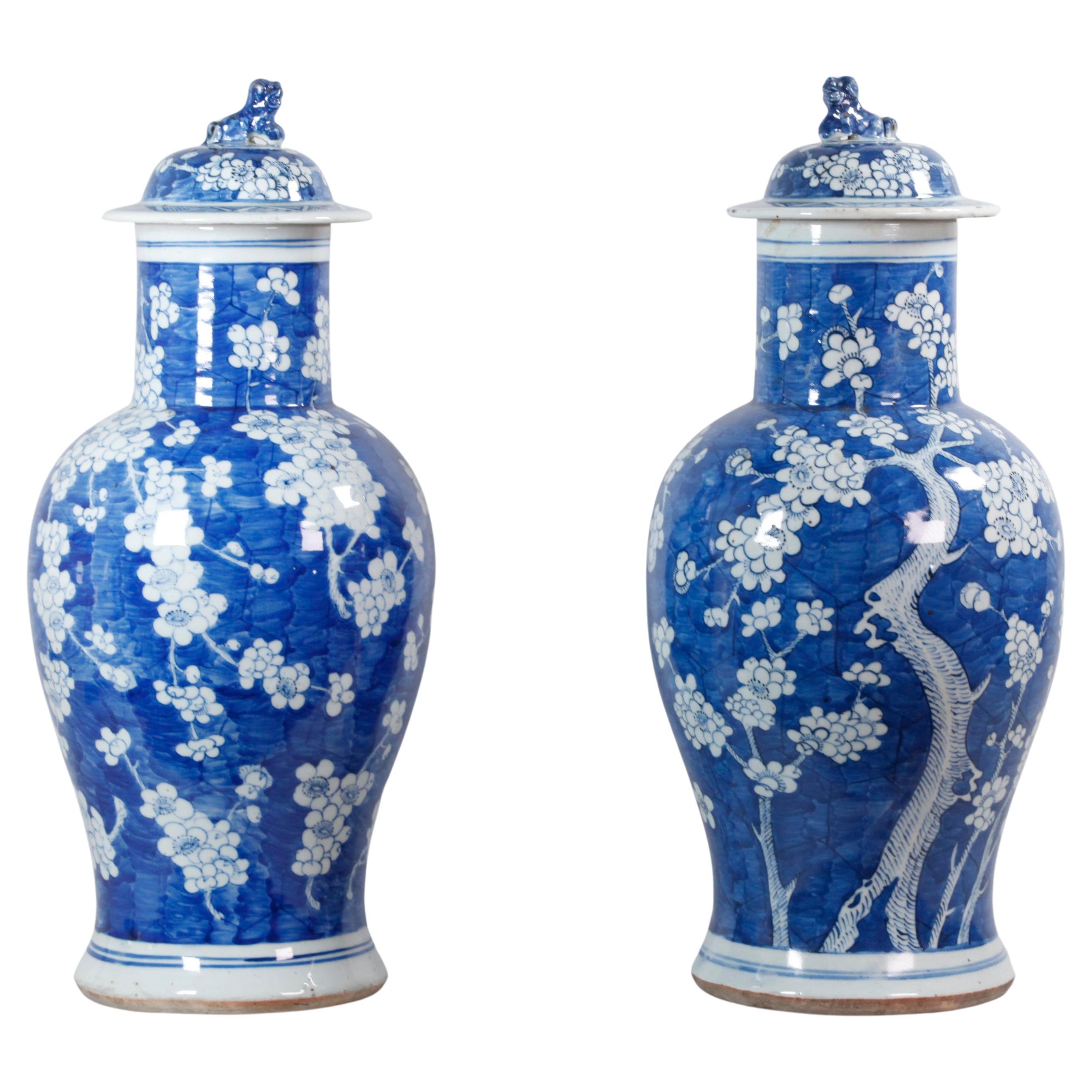 Pair of Chinese Blue & White Porcelain Cover Vases, 19th Century