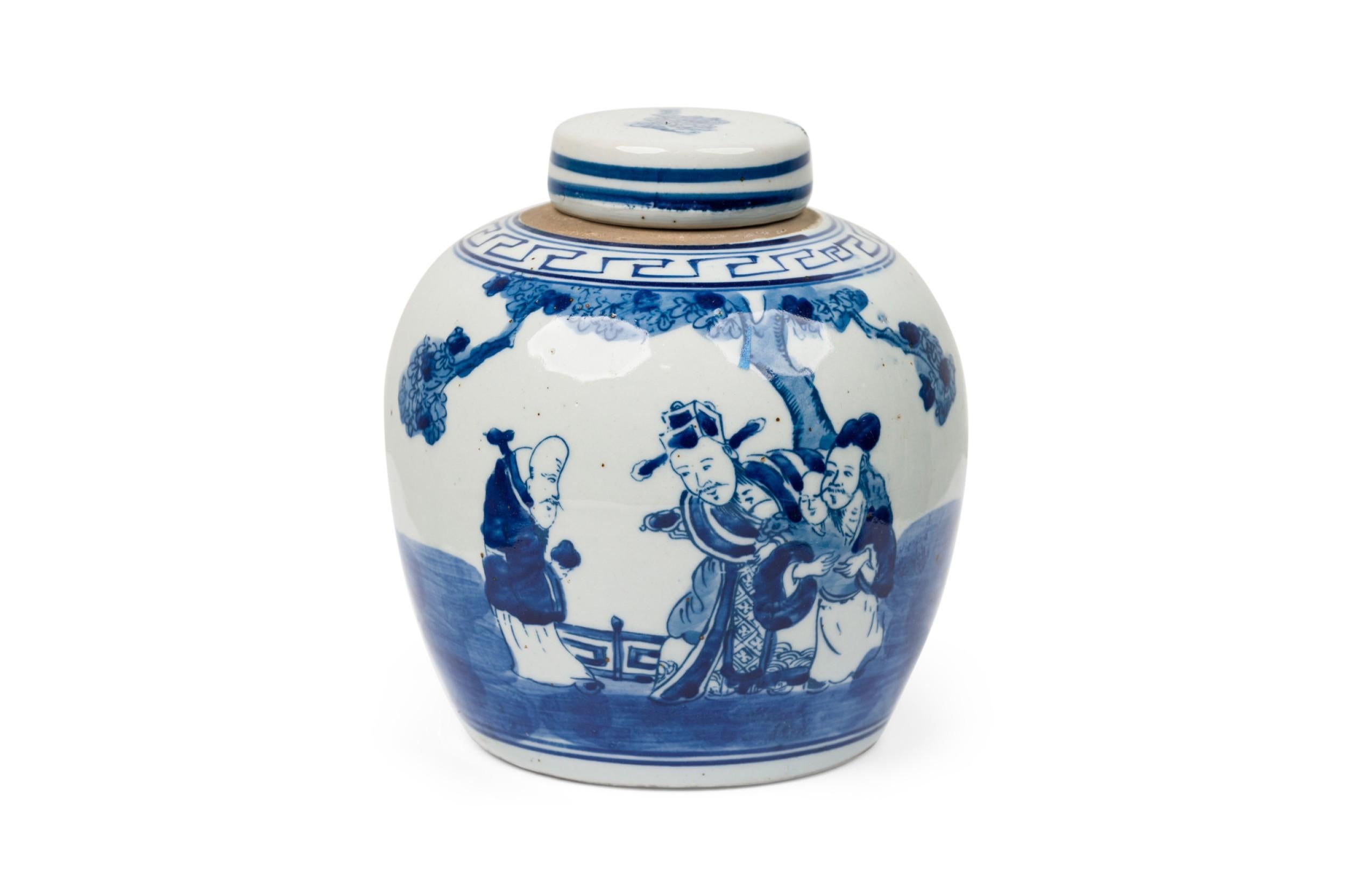 Pair of Chinese Blue & White Porcelain Covered Jars with Figural Scenes For Sale 6