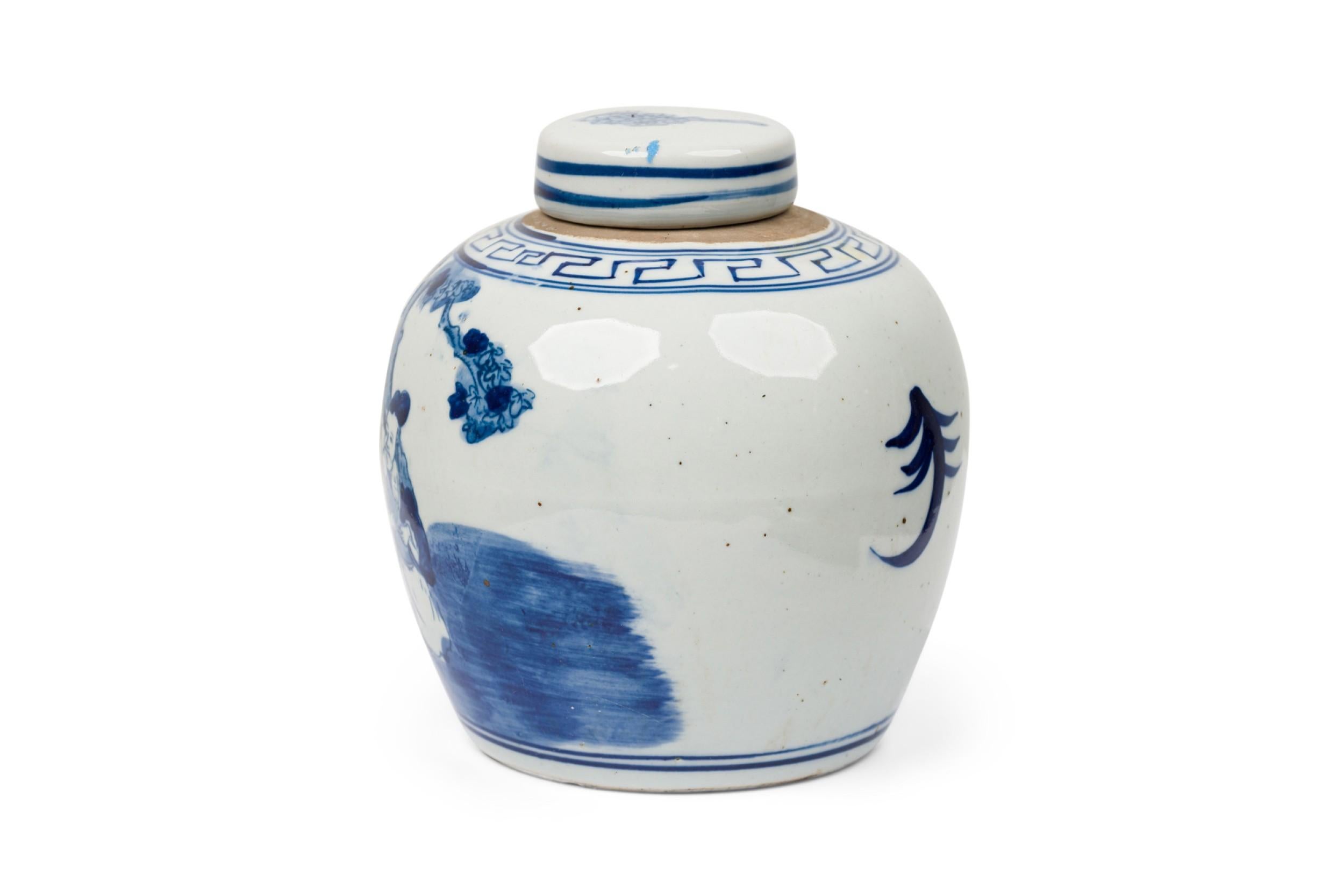 Pair of Chinese Blue & White Porcelain Covered Jars with Figural Scenes For Sale 7