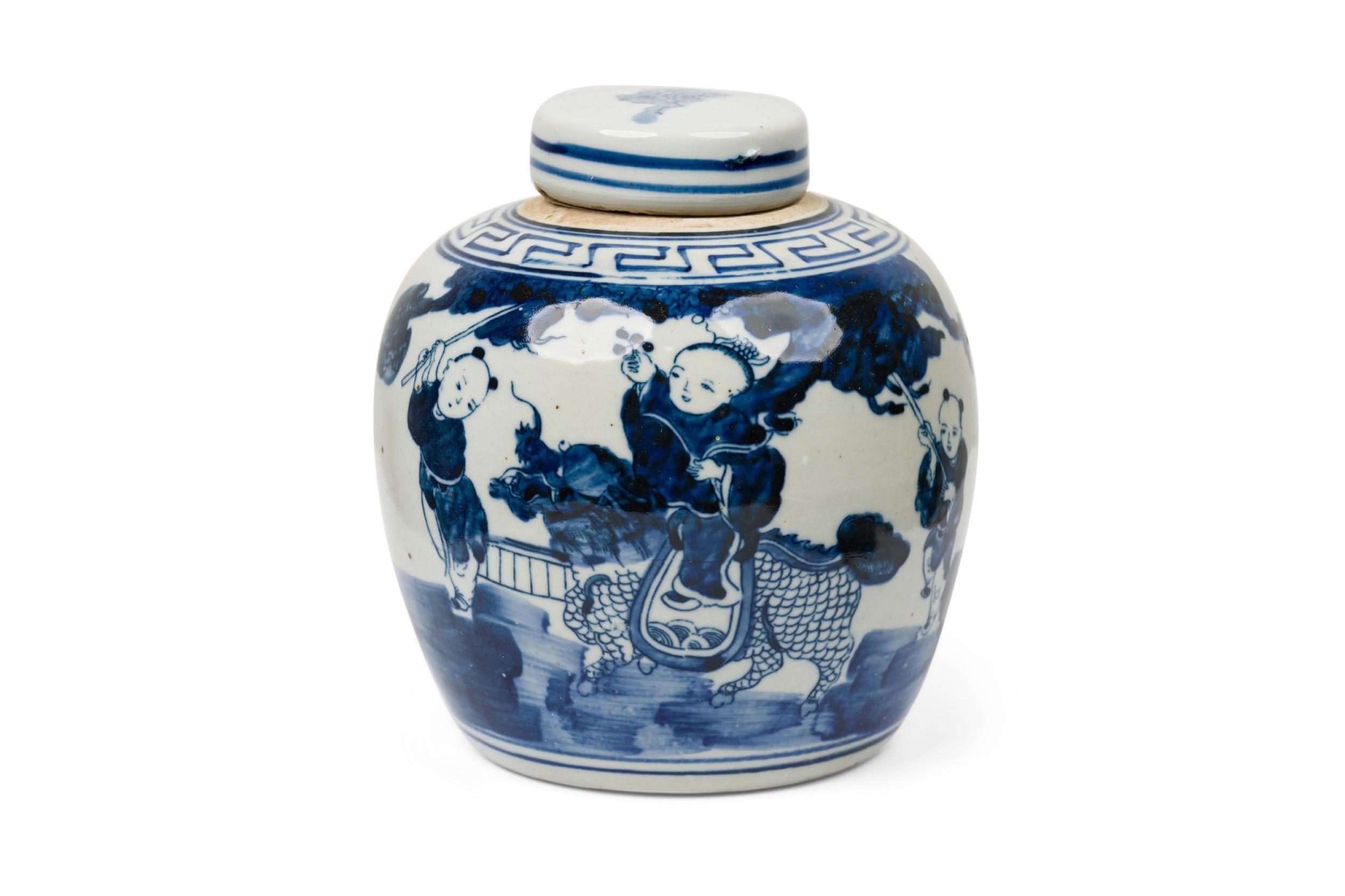 PAIR of Chinese blue & white porcelain ovoid jars, painted with a mirrored figural scene consisting of a family and elder. Decorative lids cover the unglazed necks with a keyfret border surrounding the mouth and double border at the bottom. (PRICED