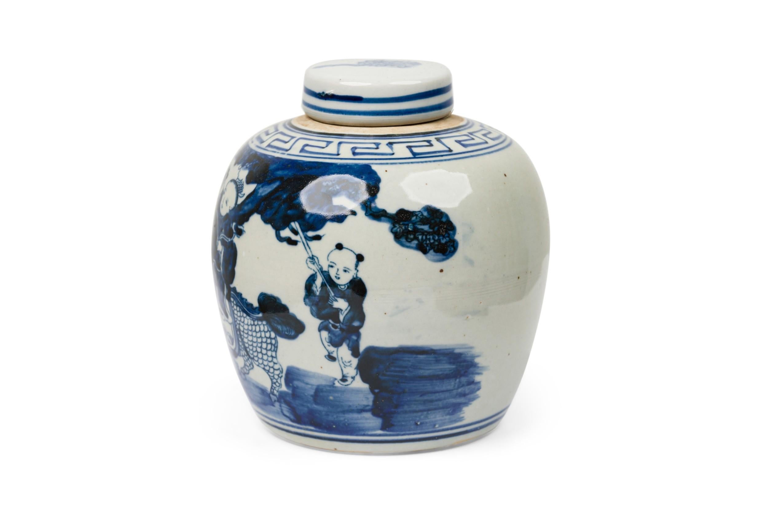Painted Pair of Chinese Blue & White Porcelain Covered Jars with Figural Scenes For Sale
