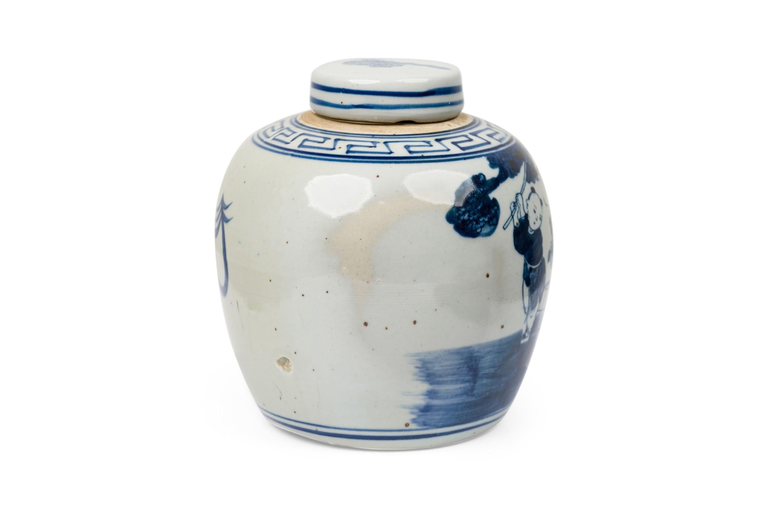 20th Century Pair of Chinese Blue & White Porcelain Covered Jars with Figural Scenes For Sale