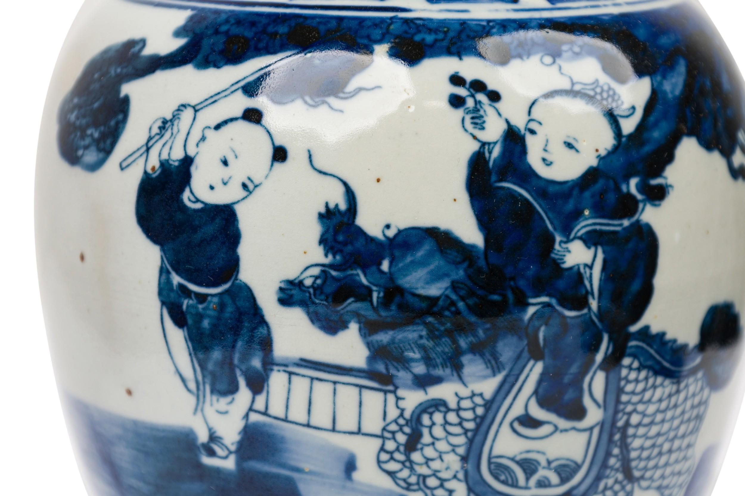 Pair of Chinese Blue & White Porcelain Covered Jars with Figural Scenes For Sale 1