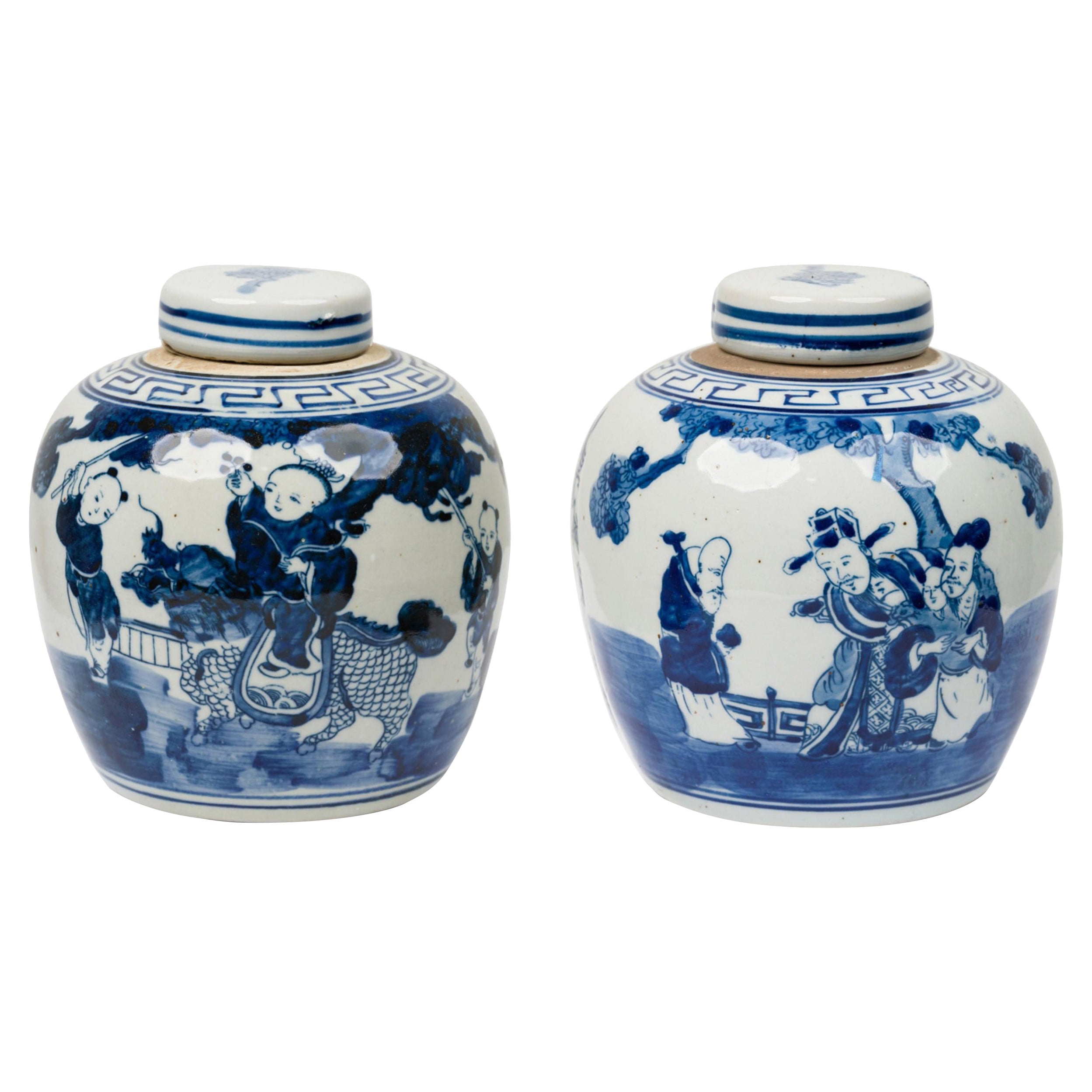 Pair of Chinese Blue
White Porcelain Covered Jars with Figural Scenes