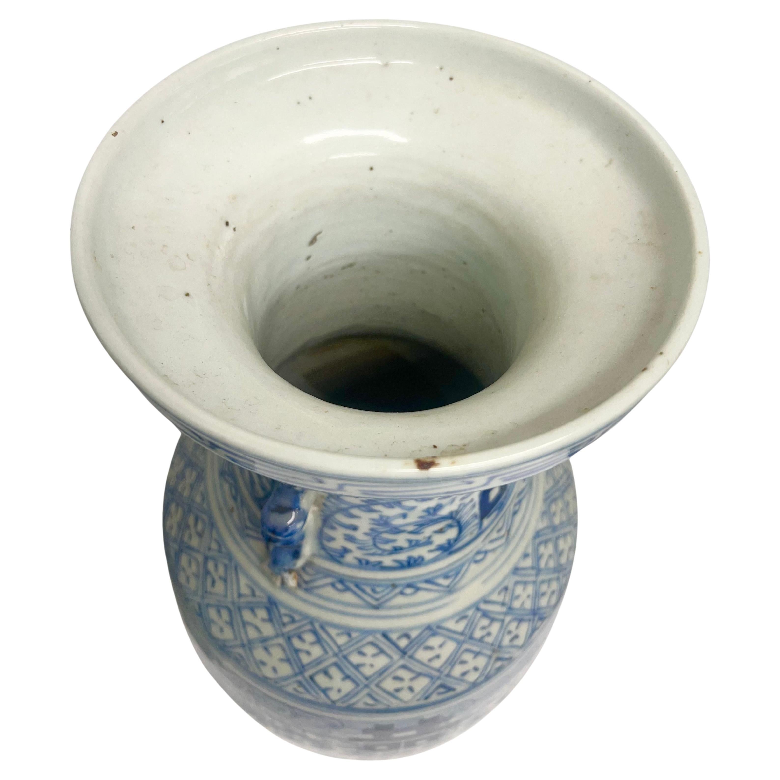 Pair of Antique Chinese Tall Blue White Porcelain Happiness Vases For Sale 1