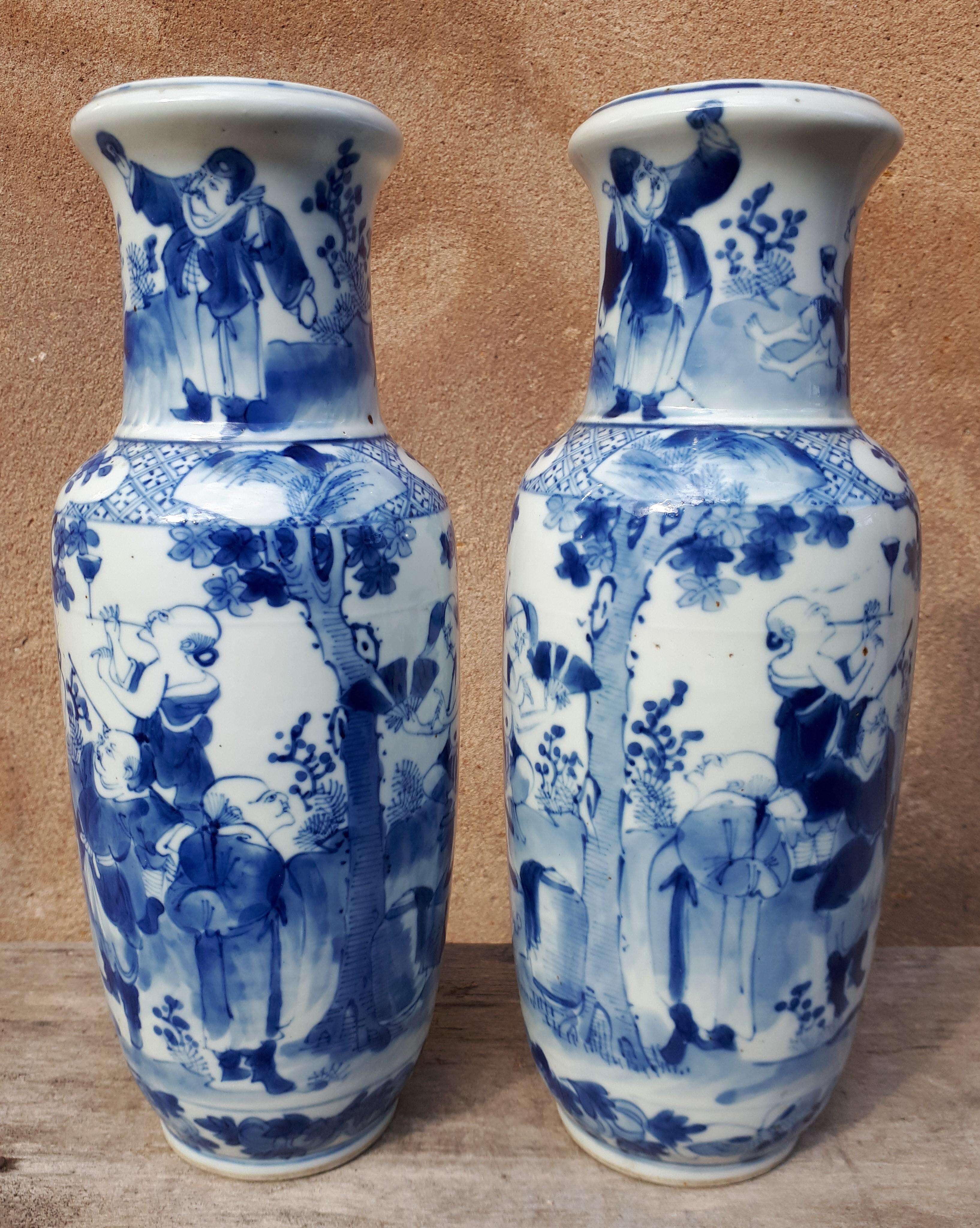 Enameled Pair Of Chinese Blue White Vases, China Qing Dynasty For Sale