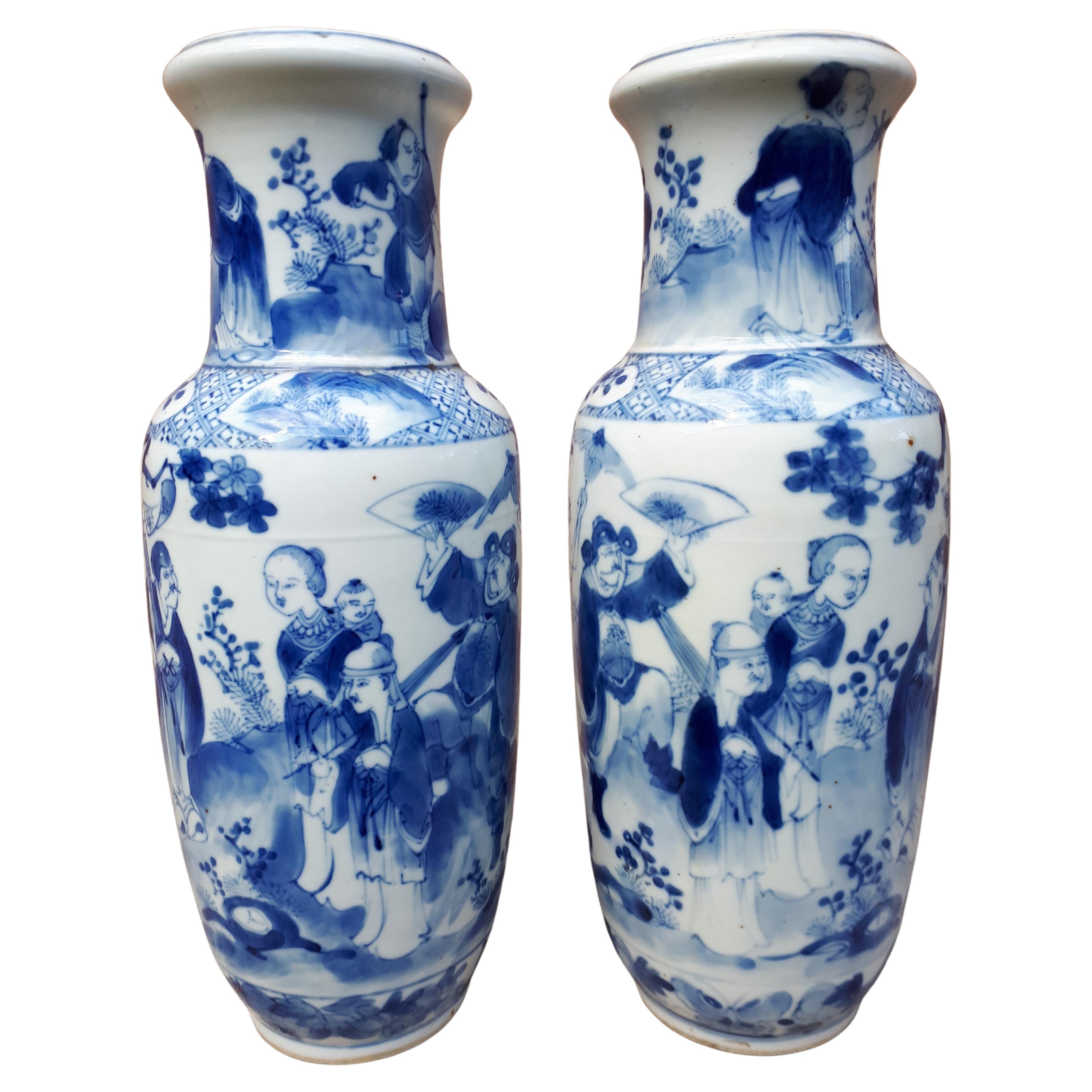 Pair Of Chinese Blue White Vases, China Qing Dynasty For Sale