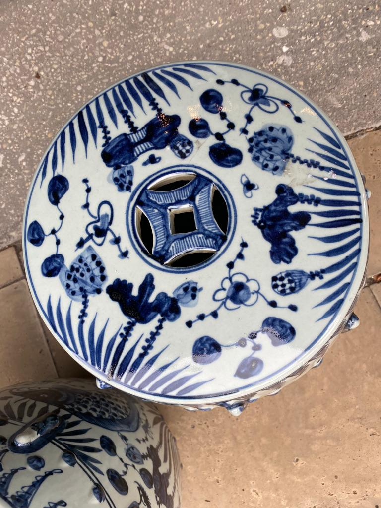 Hand-Carved Pair of Chinese Blue & White Yuan Garden Stools