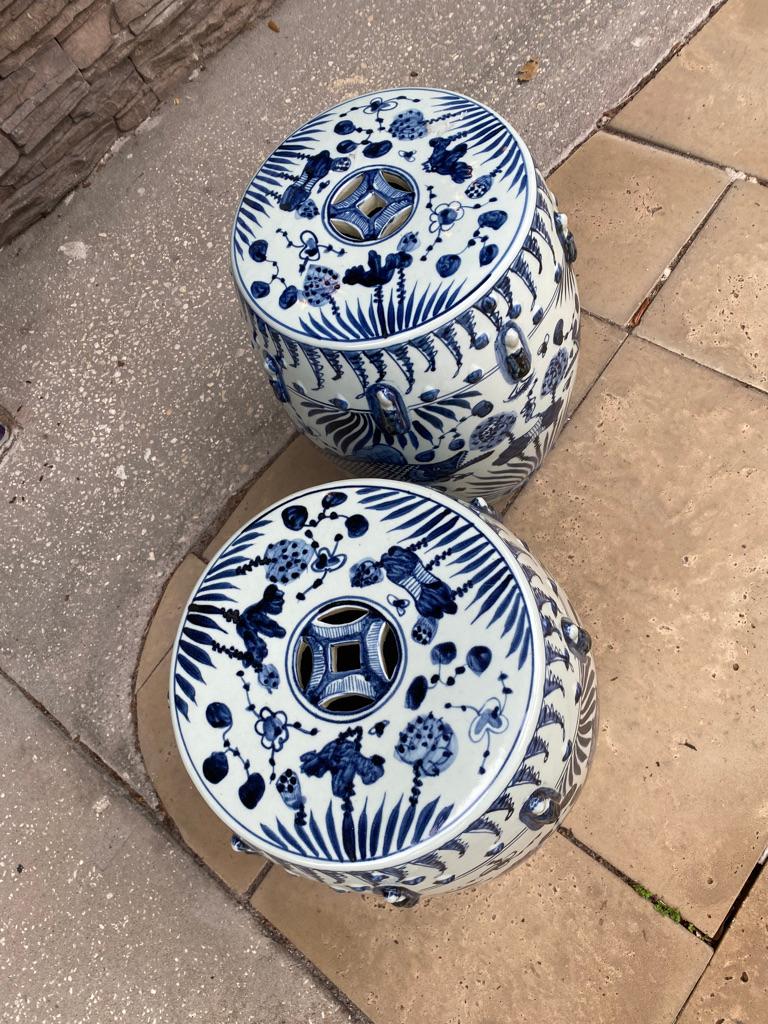 Pair of Chinese Blue & White Yuan Garden Stools In Good Condition In Sarasota, FL