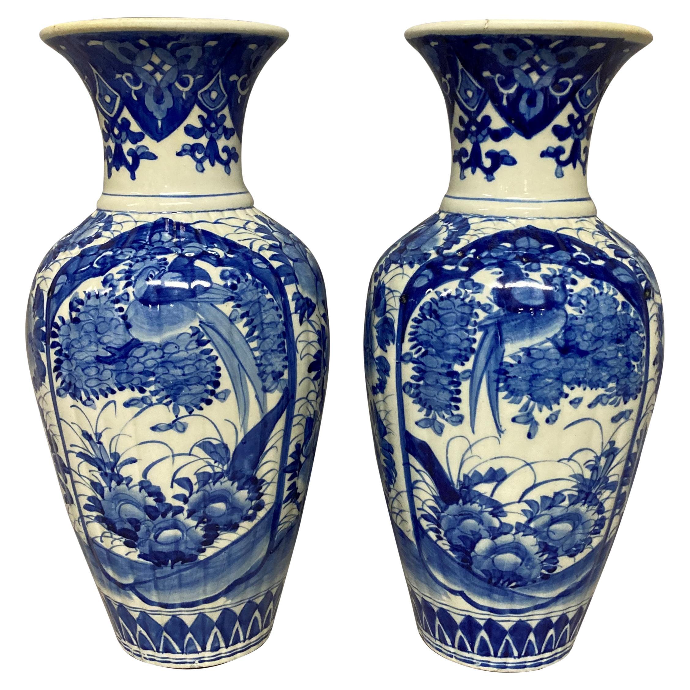 Pair Of 19th Century Chinese Blue & White Baluster Vases For Sale