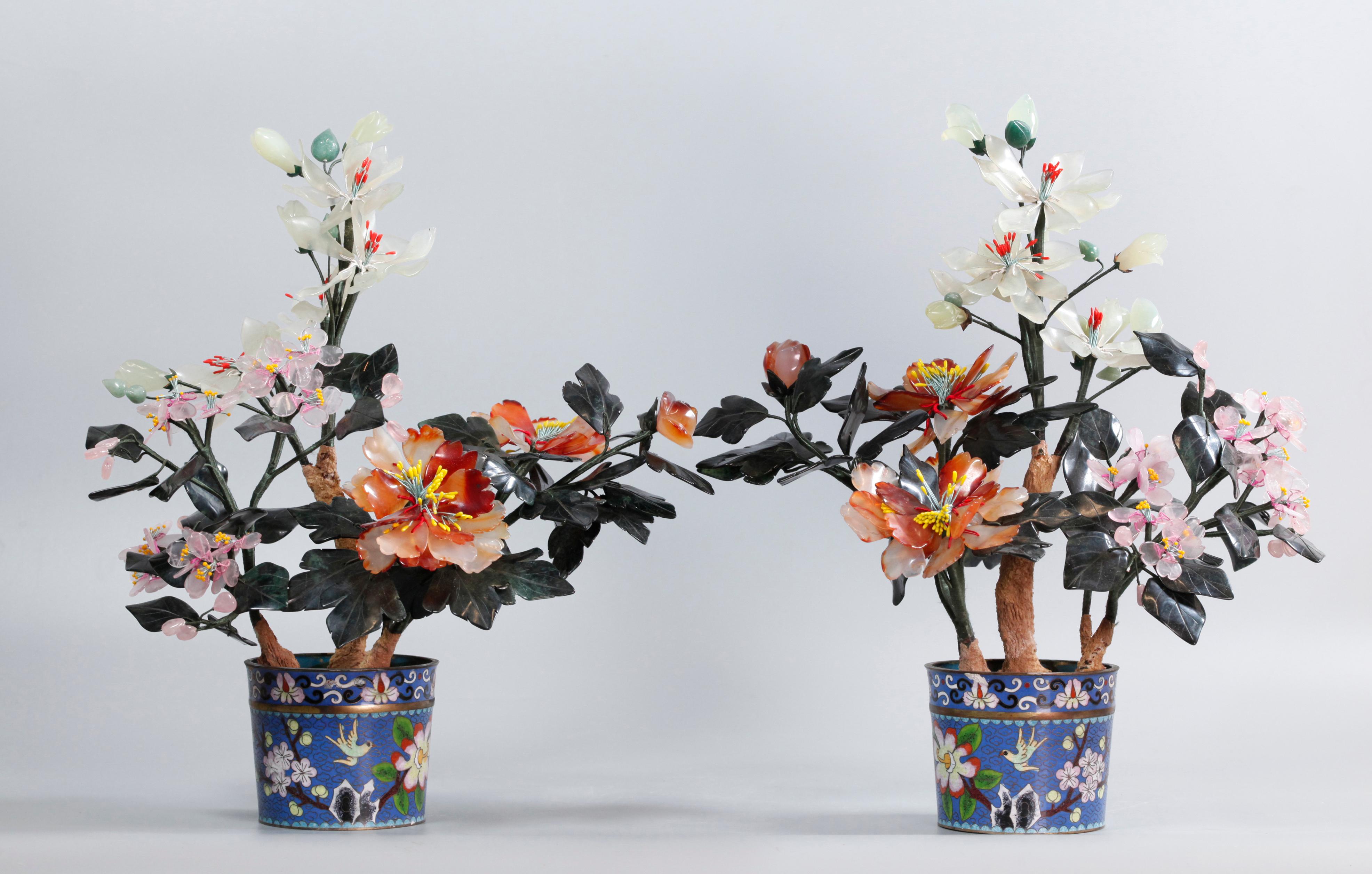 each cloisonné planter decorated with floral motif on blue ground 