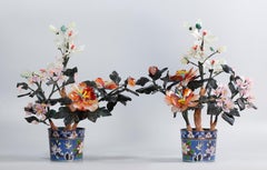 Pair of Chinese Bonsai Jade/Stone Flower Trees, Each in a Cloisonné Planter