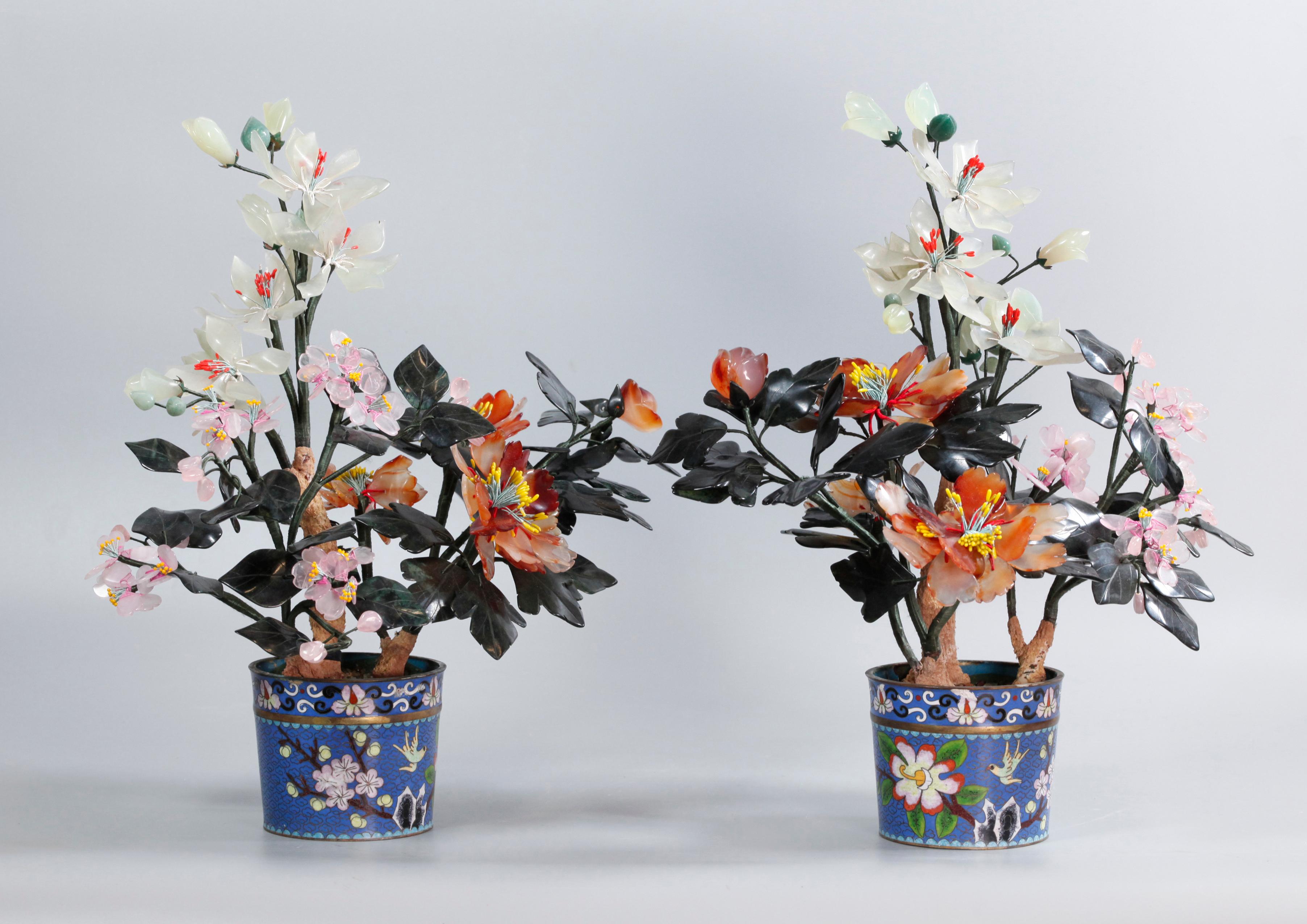 Cloissoné Pair of Chinese Bonsai Jade/Stone Flower Trees, Each in a Cloisonné Planter For Sale