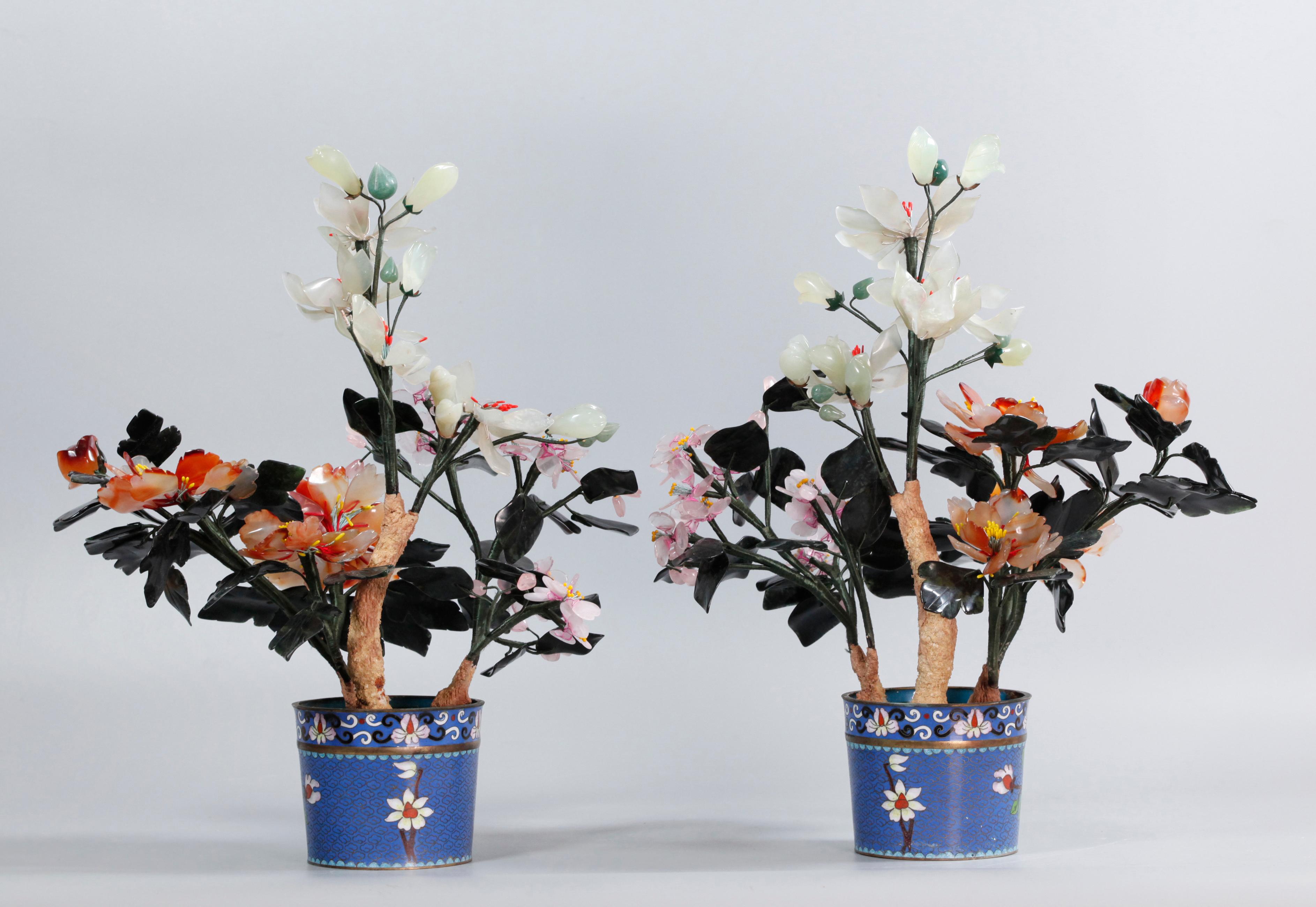 Pair of Chinese Bonsai Jade/Stone Flower Trees, Each in a Cloisonné Planter In Good Condition For Sale In New York, NY