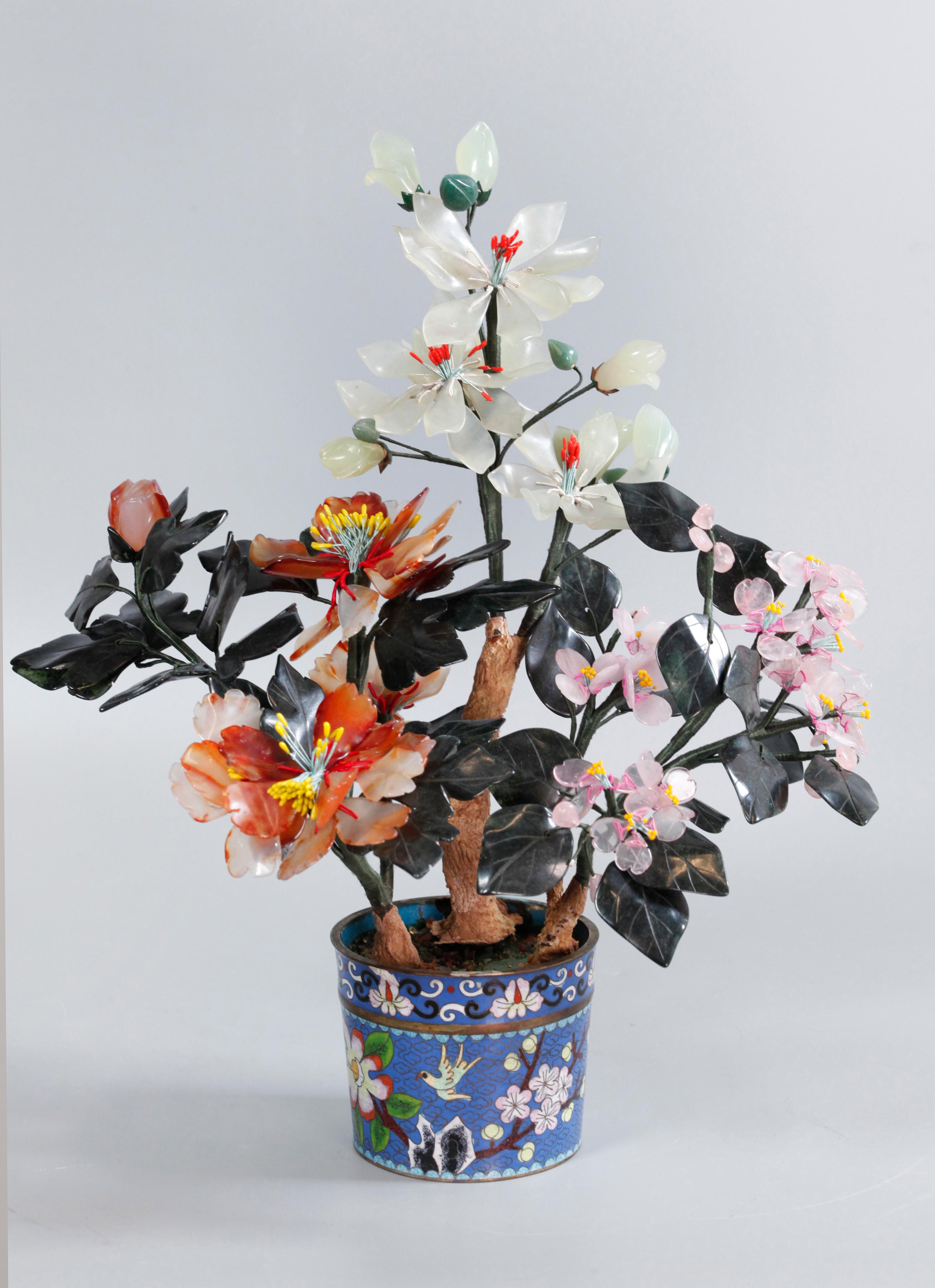 20th Century Pair of Chinese Bonsai Jade/Stone Flower Trees, Each in a Cloisonné Planter For Sale