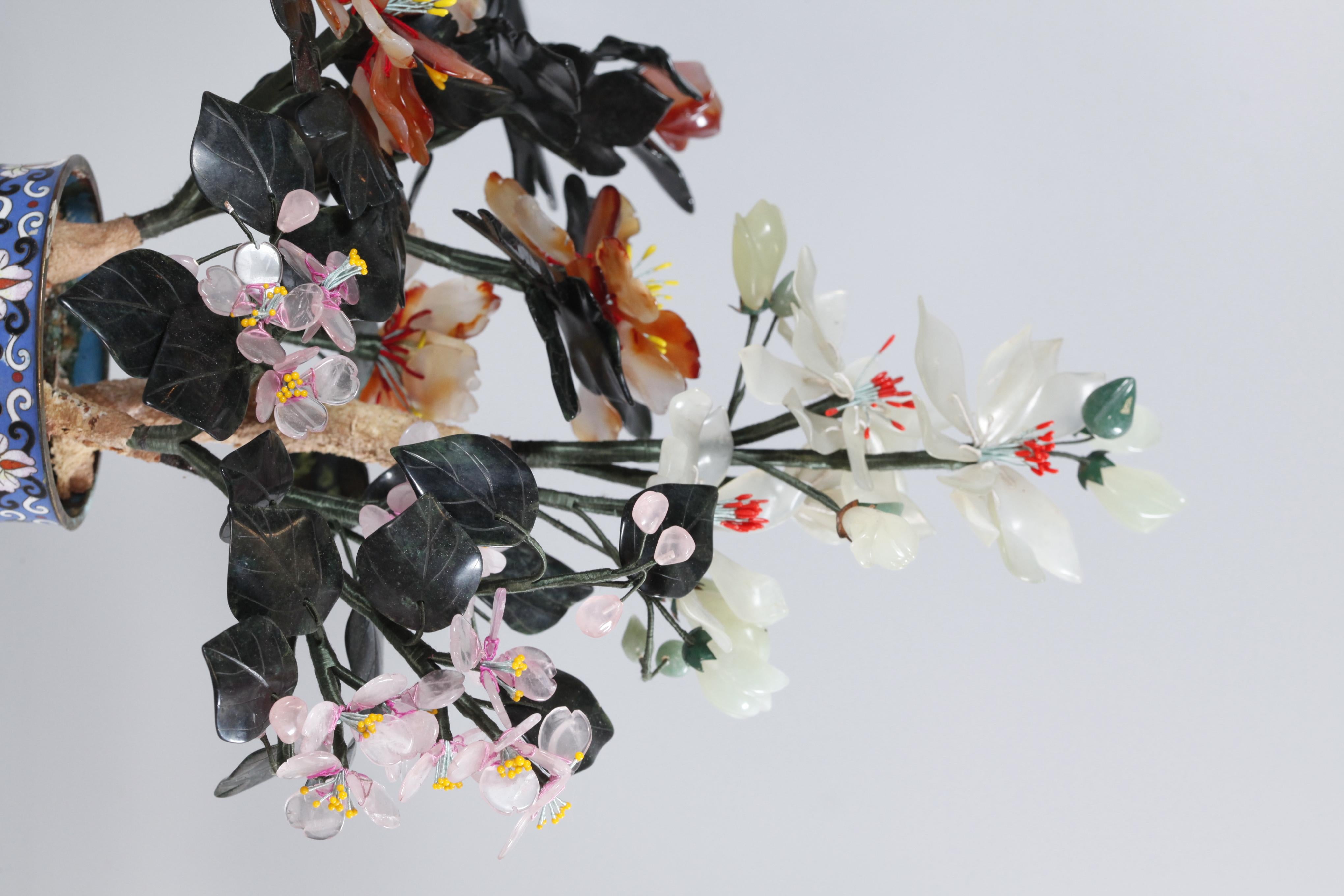 Metal Pair of Chinese Bonsai Jade/Stone Flower Trees, Each in a Cloisonné Planter For Sale