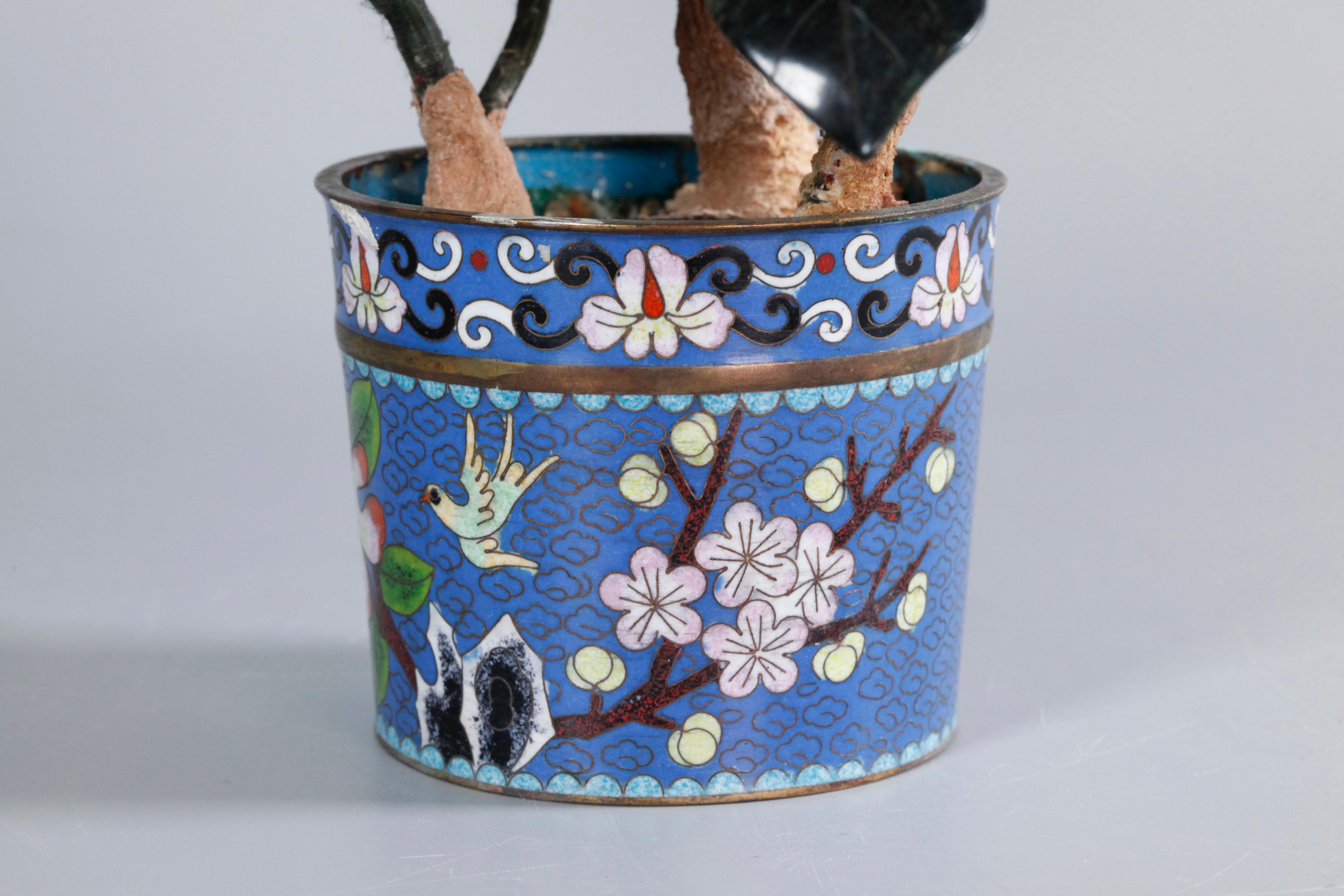 Pair of Chinese Bonsai Jade/Stone Flower Trees, Each in a Cloisonné Planter For Sale 1