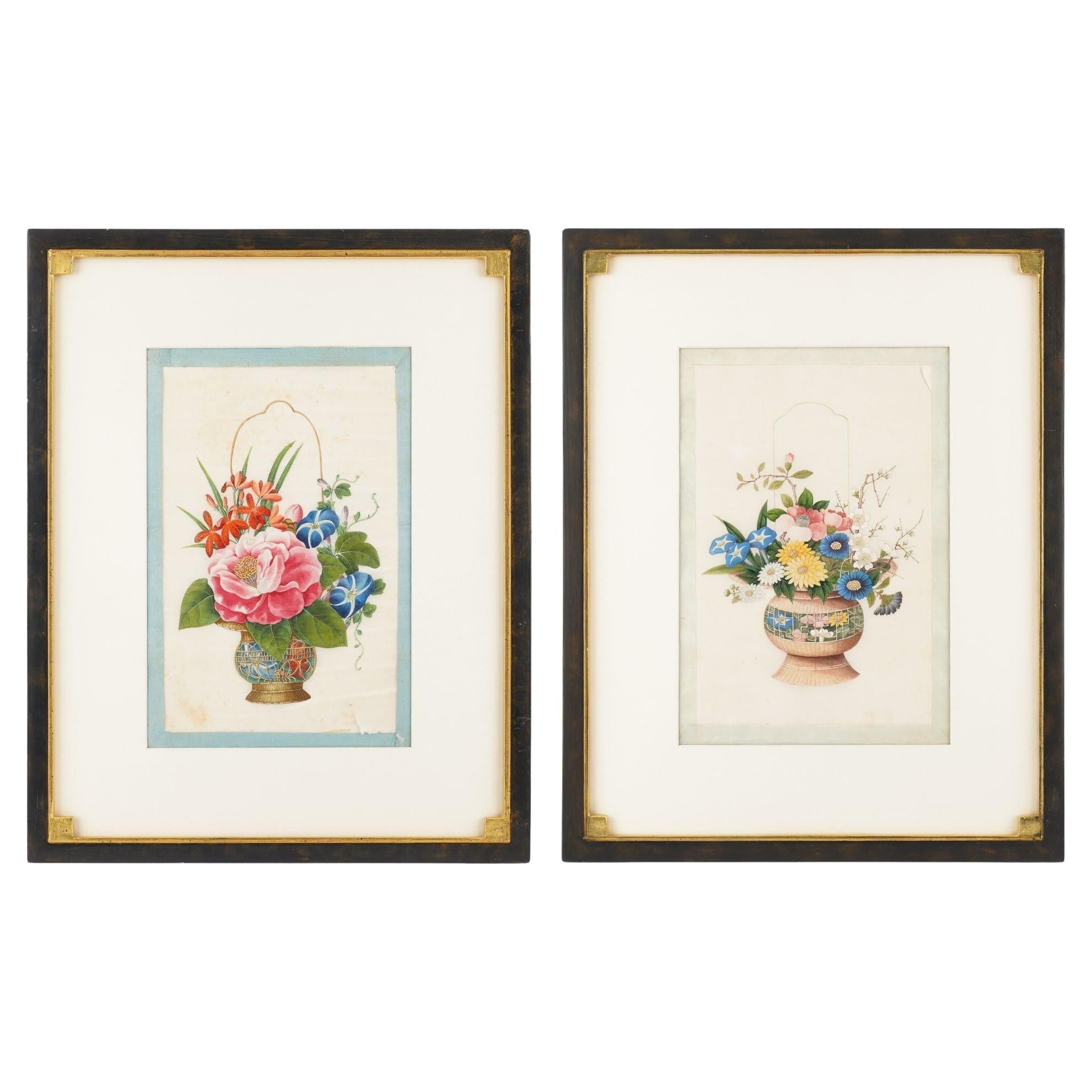Pareja de pinturas botánicas chinas de Sunqua, c. 1800-50