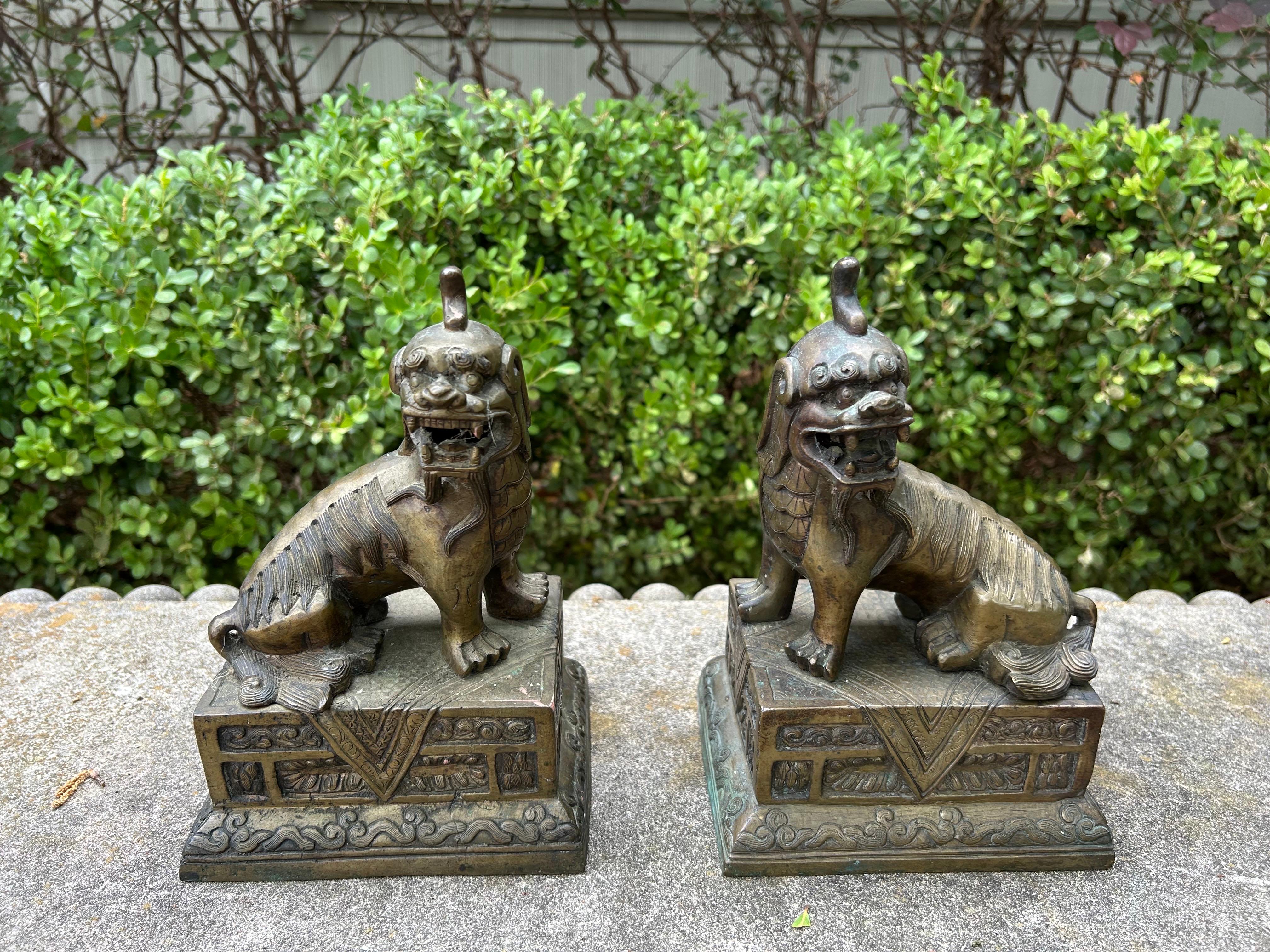 Pair Of Chinese Brass Foo Dogs.
Offered is a well detailed pair of Chinese brass foo dogs that date from the 1920's.
This great pair of foo dogs would work as a coffee table accessory or on a bookcase.
