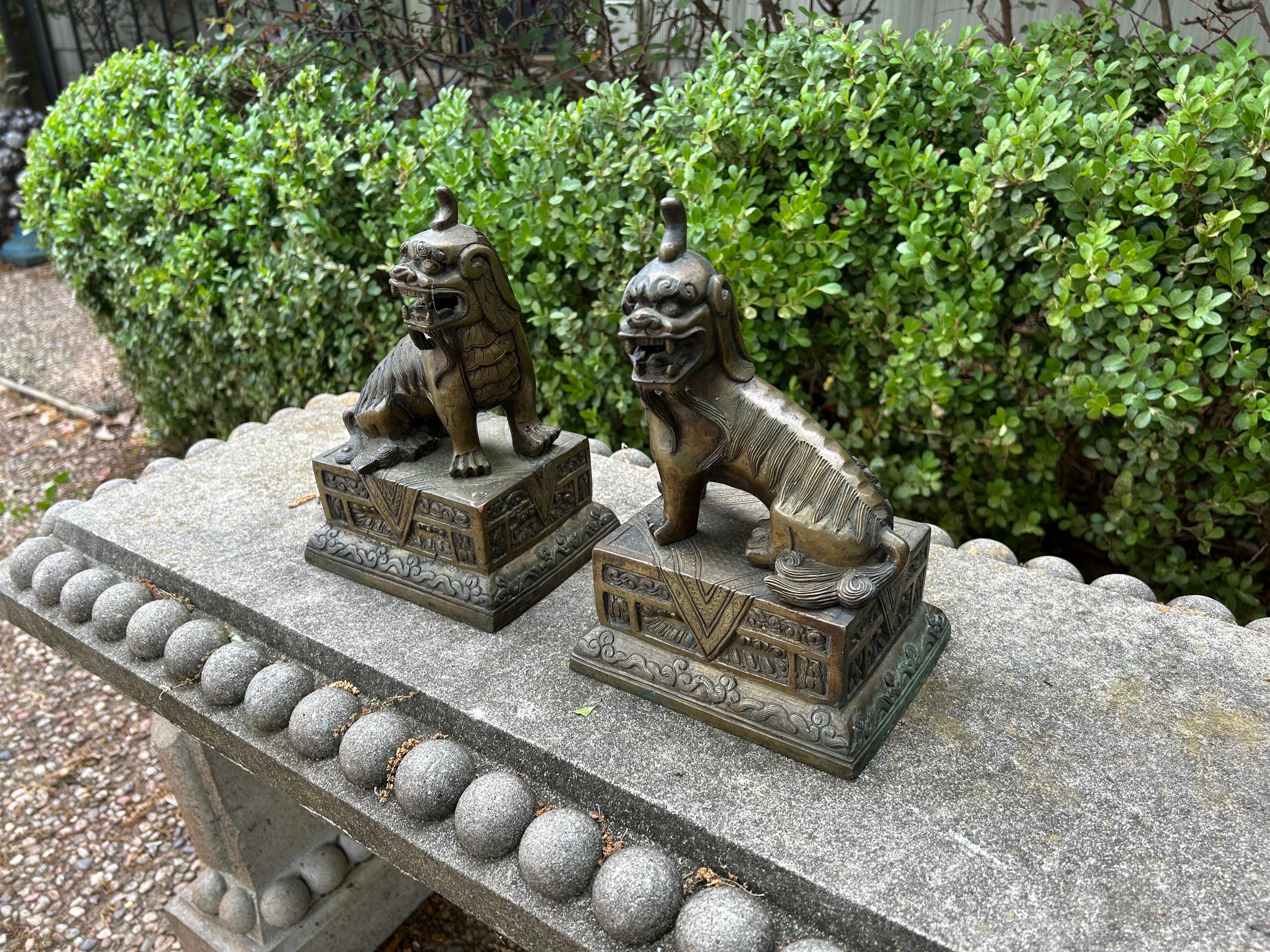 Pair Of Chinese Brass Foo Dogs In Good Condition For Sale In Houston, TX