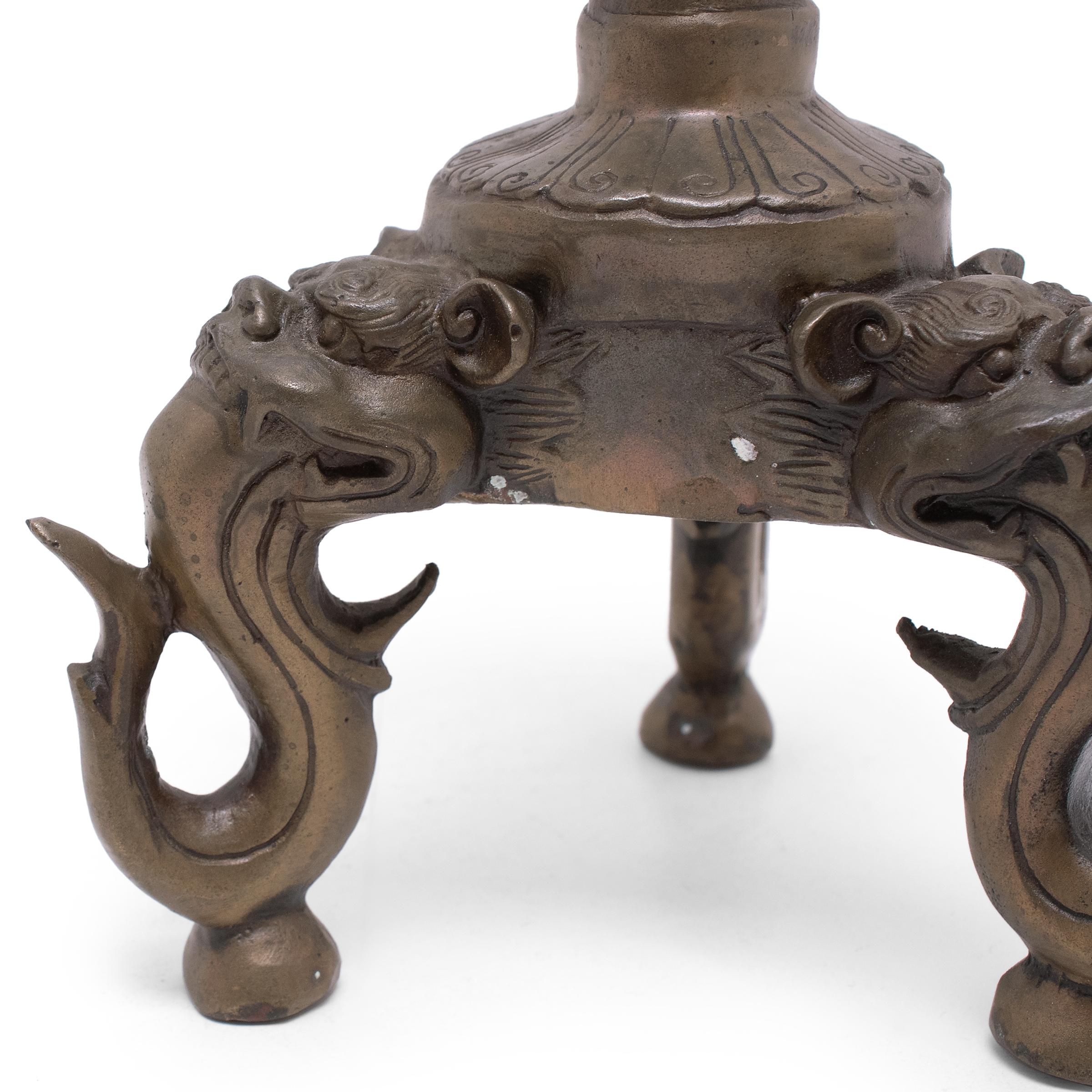 20th Century Pair of Chinese Brass Lotus Leaf Candle Stands, c. 1900