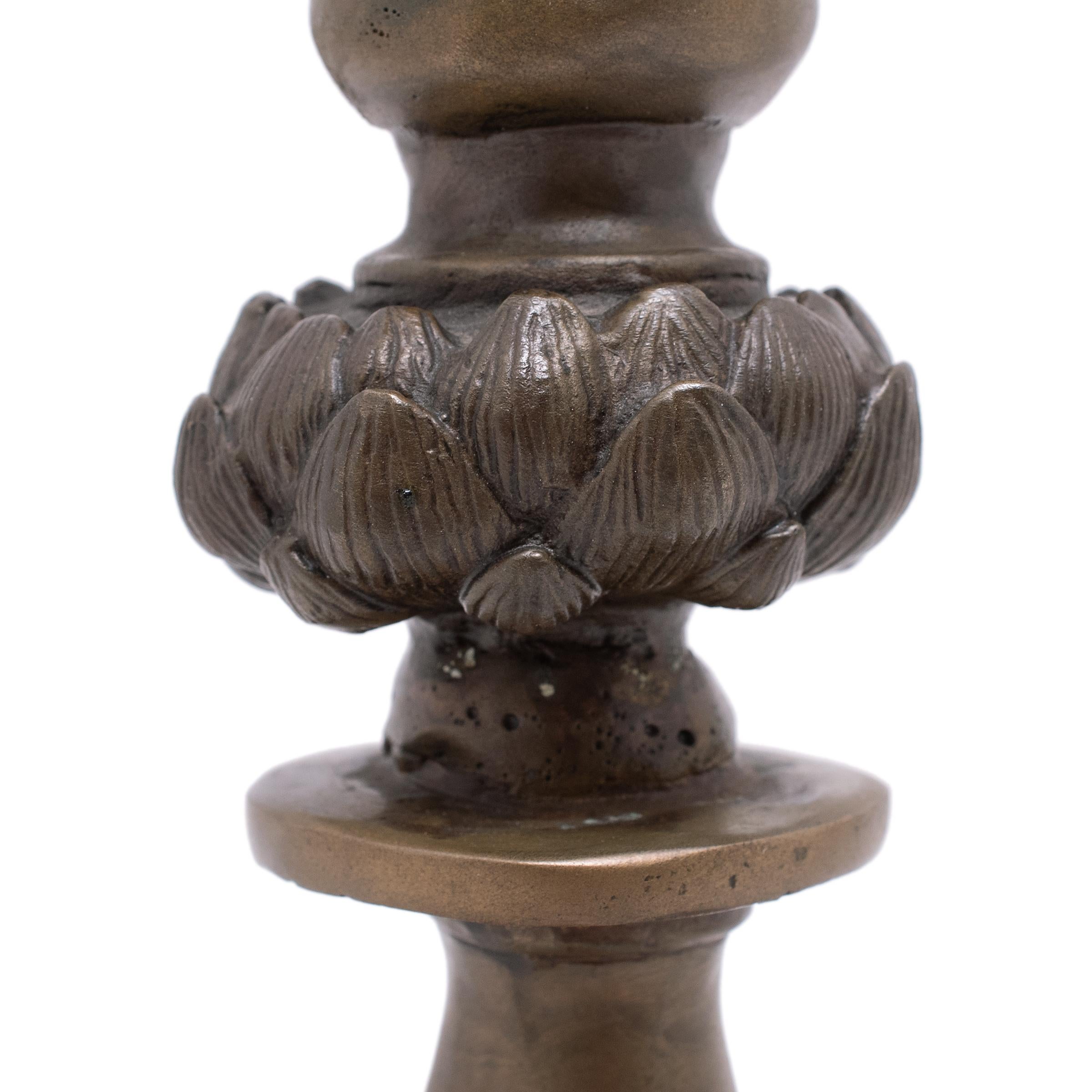 Pair of Chinese Brass Lotus Leaf Candle Stands, c. 1900 1
