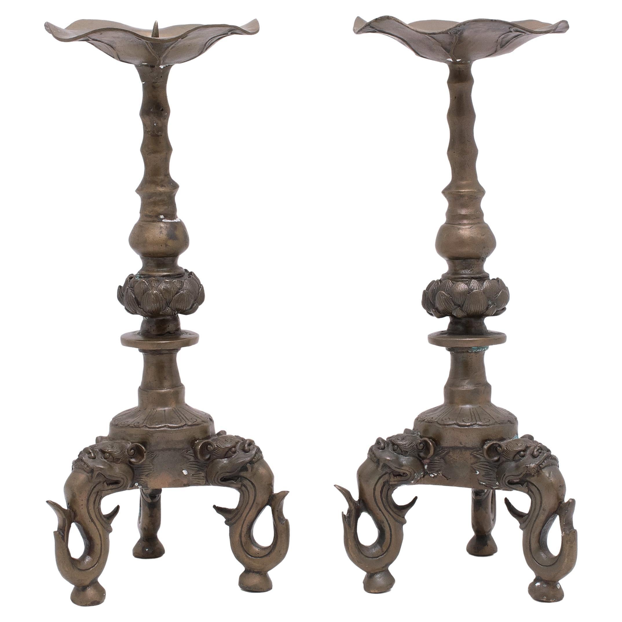 Pair of Chinese Brass Lotus Leaf Candle Stands, c. 1900