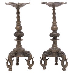 Pair of Chinese Brass Lotus Leaf Candle Stands, c. 1900