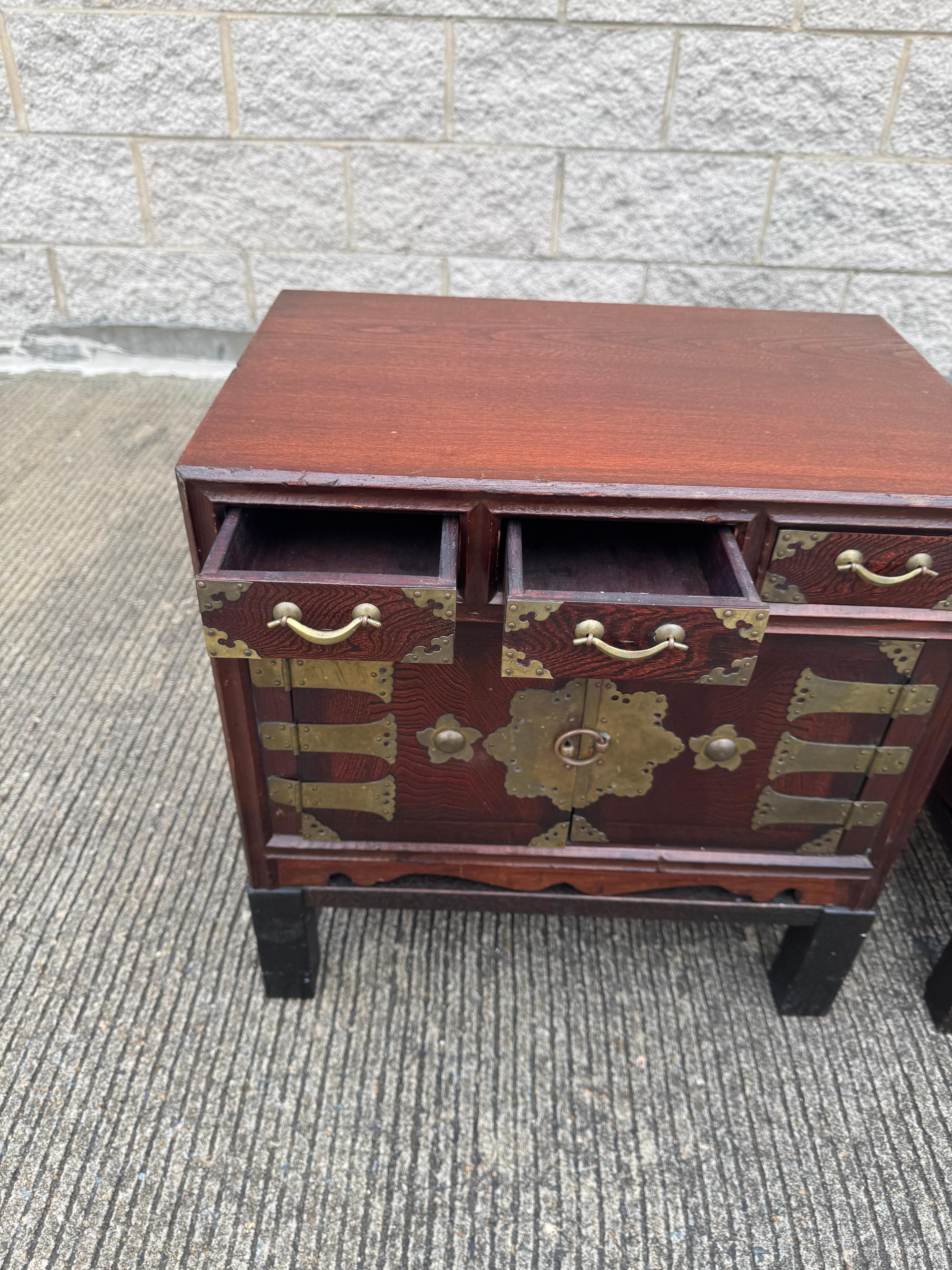 Unknown Pair of Chinese Brass Mounted Elm Low Nightstands For Sale