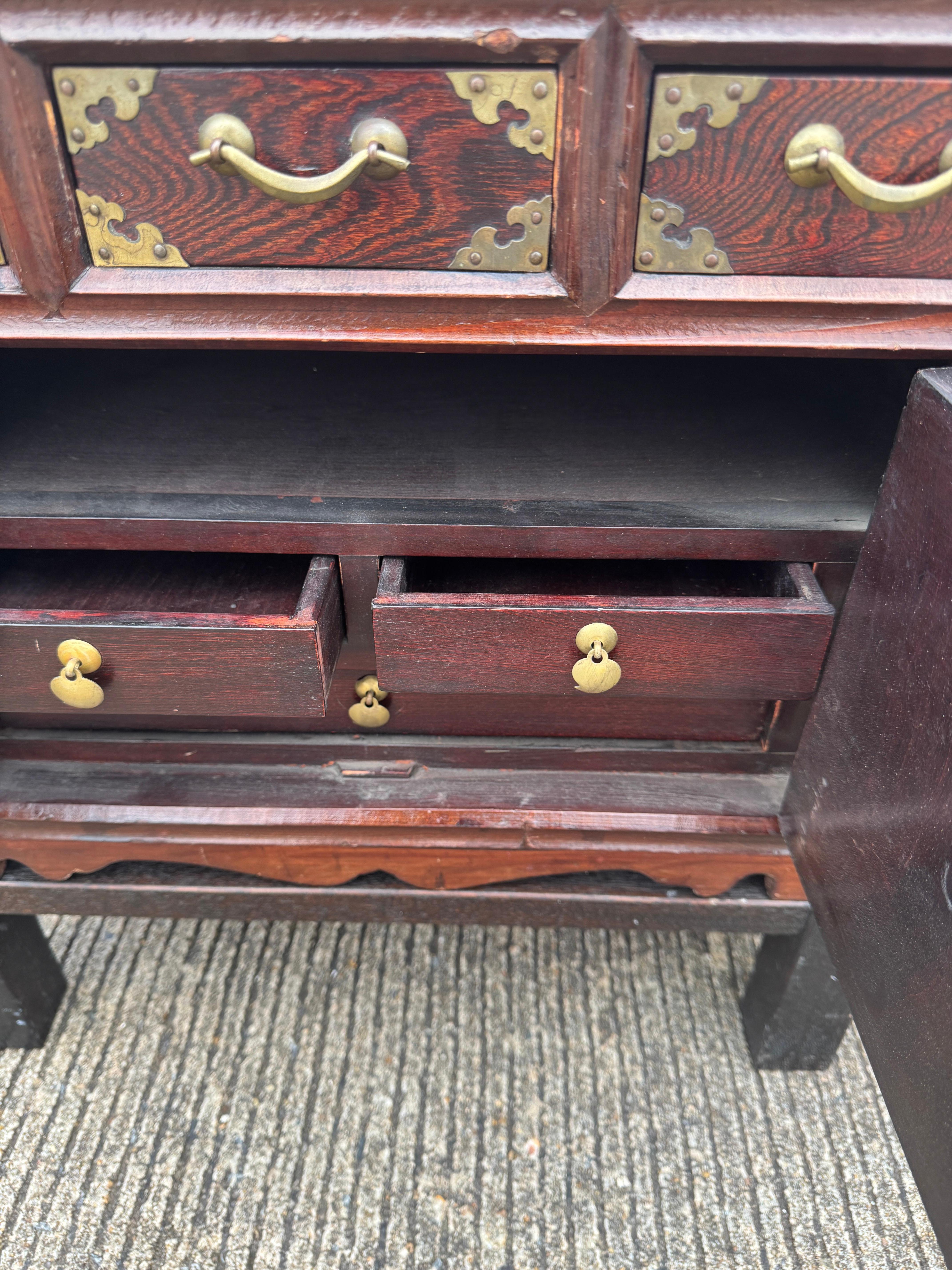 20th Century Pair of Chinese Brass Mounted Elm Low Nightstands For Sale
