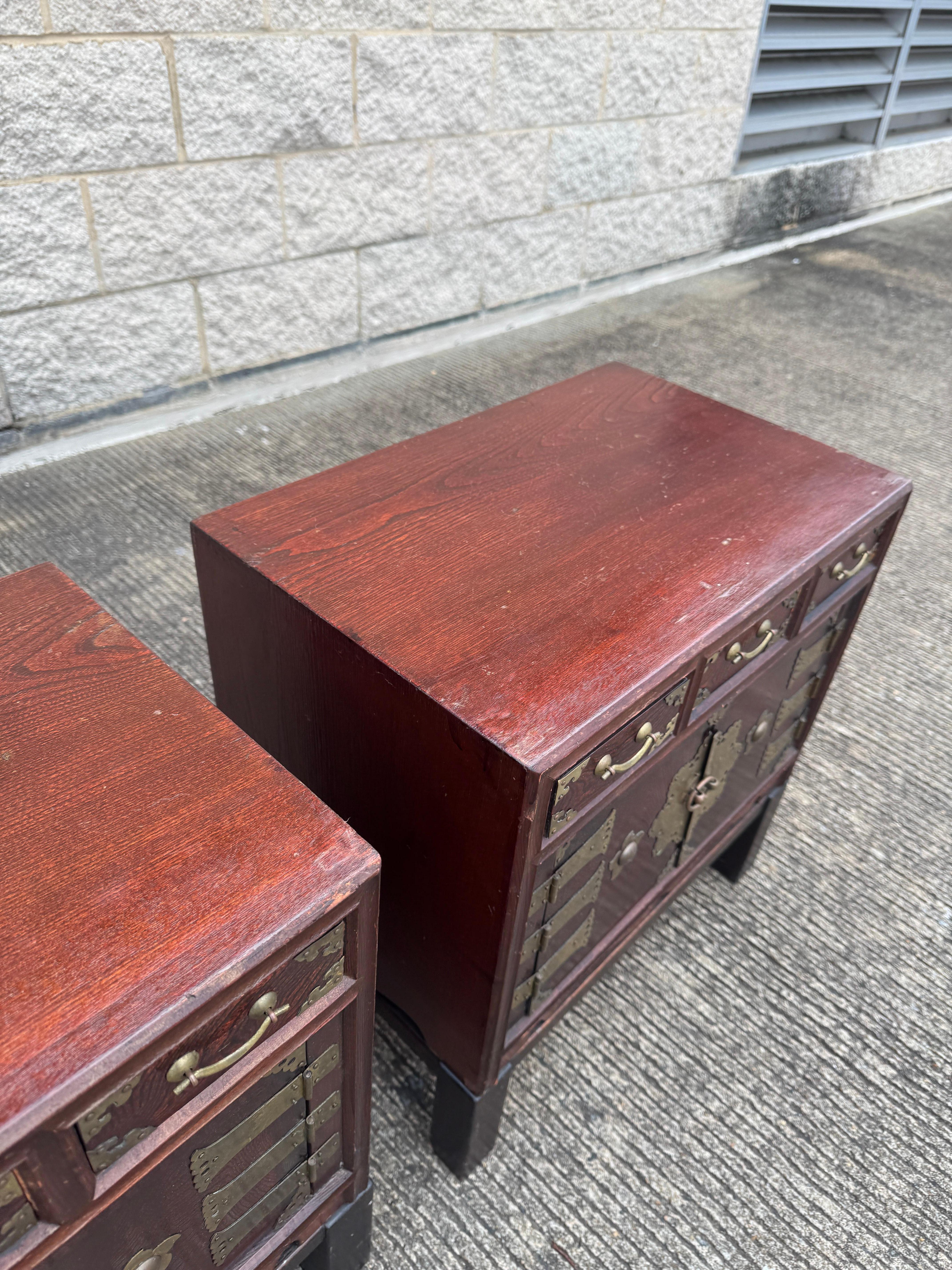 Metal Pair of Chinese Brass Mounted Elm Low Nightstands For Sale
