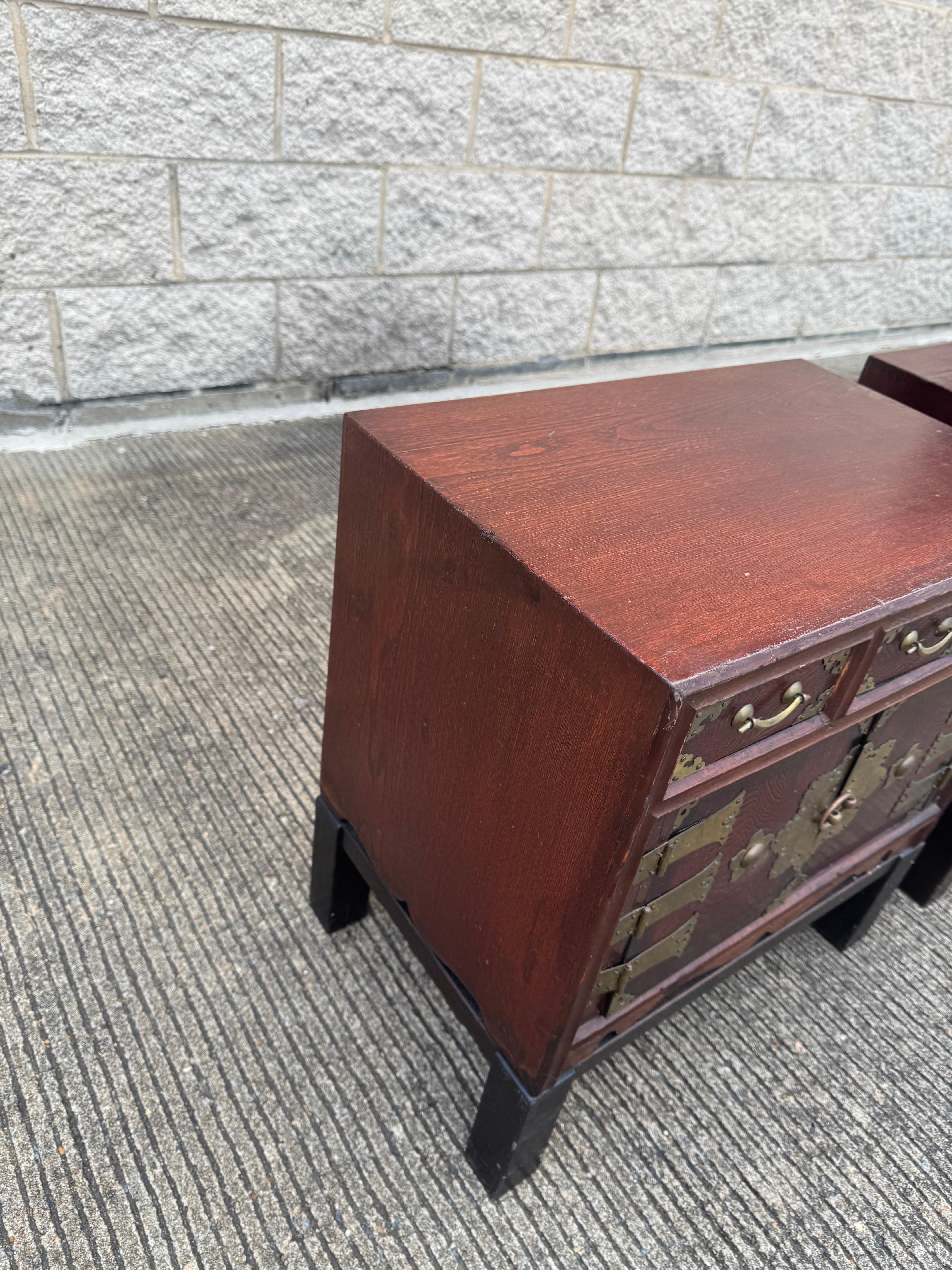 Pair of Chinese Brass Mounted Elm Low Nightstands For Sale 1