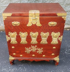 Pair of Chinese Brass Mounted Elm Wood Abattant Side Cabinets, Circa 1950s