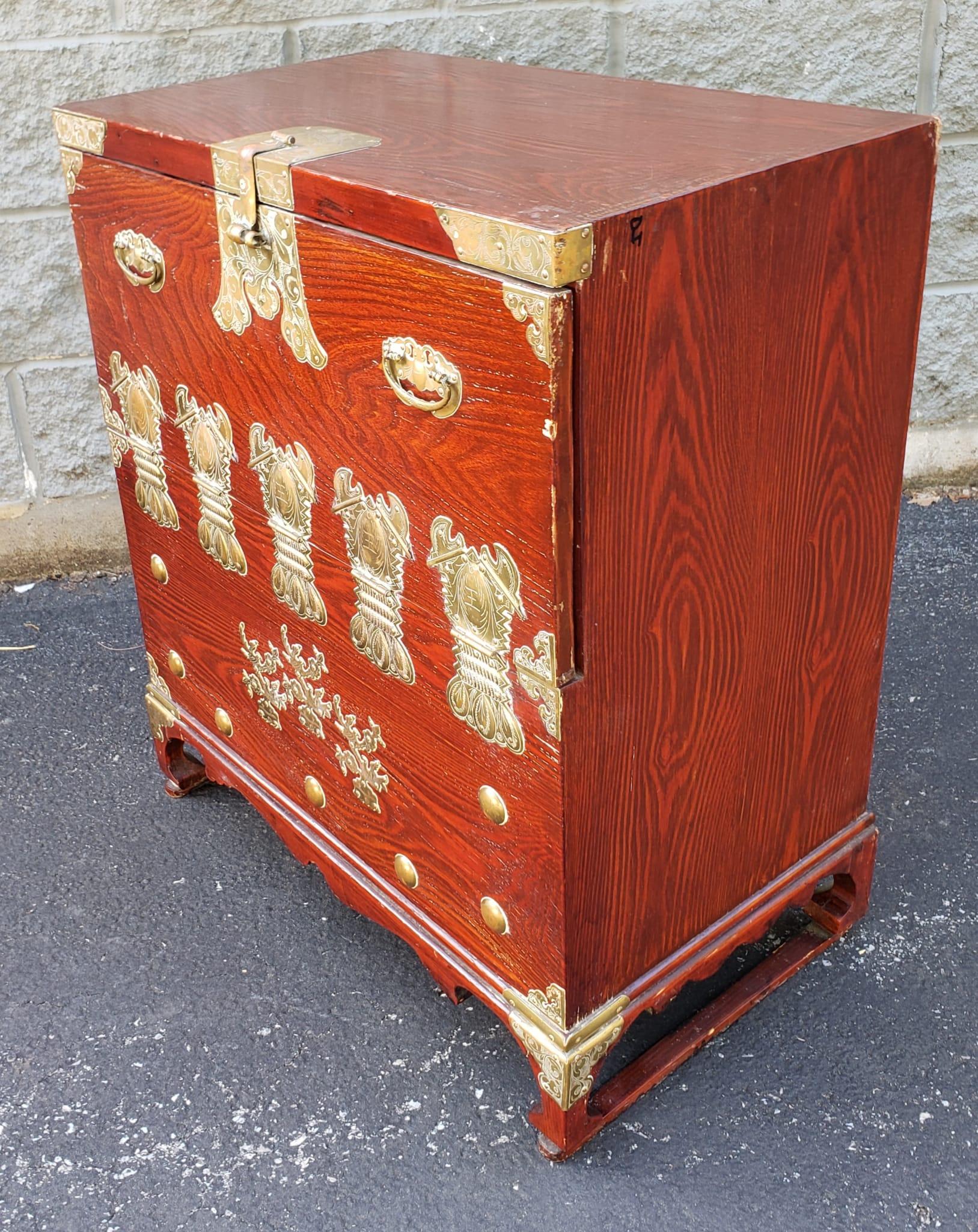 Hong Kong Pair of Chinese Brass Mounted Elm Wood Abattant Side Cabinets, Circa 1950s For Sale