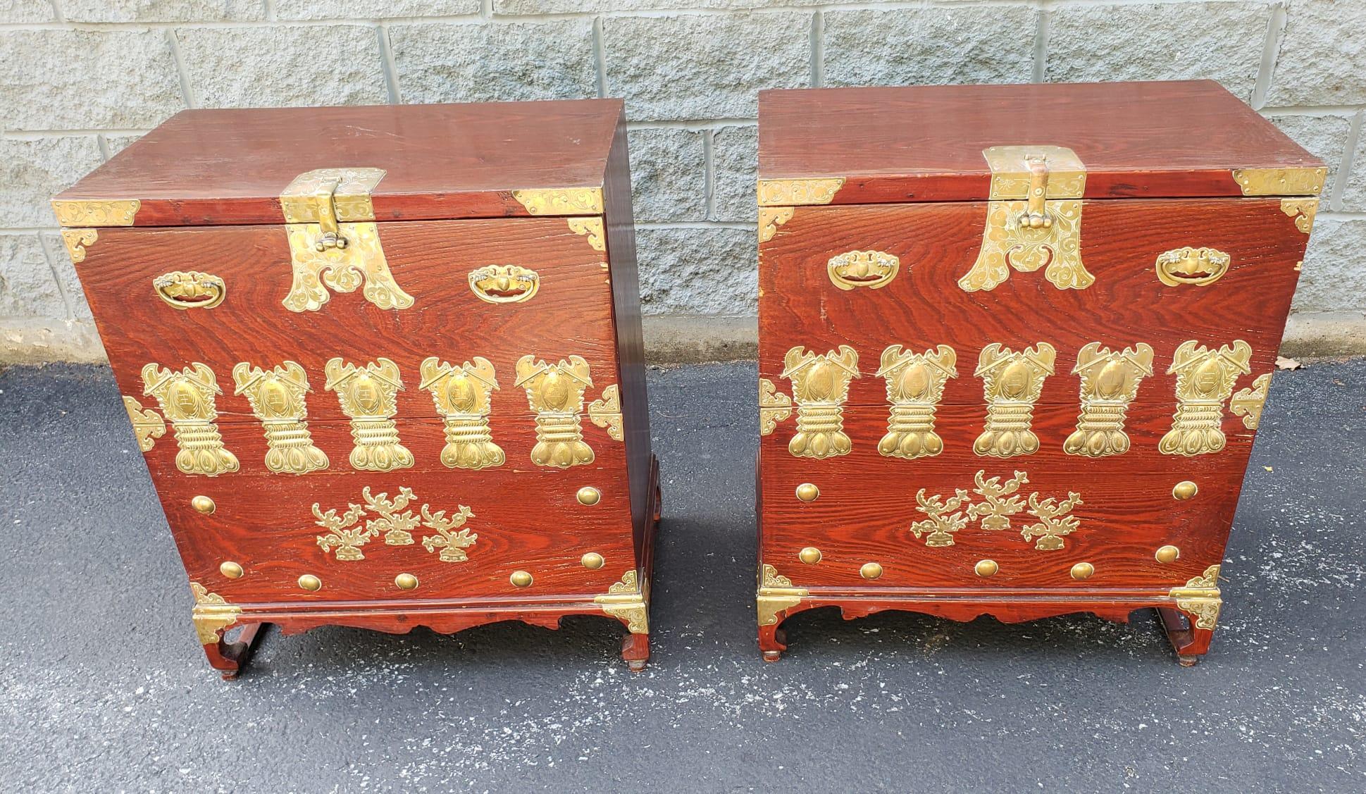 20th Century Pair of Chinese Brass Mounted Elm Wood Abattant Side Cabinets, Circa 1950s For Sale