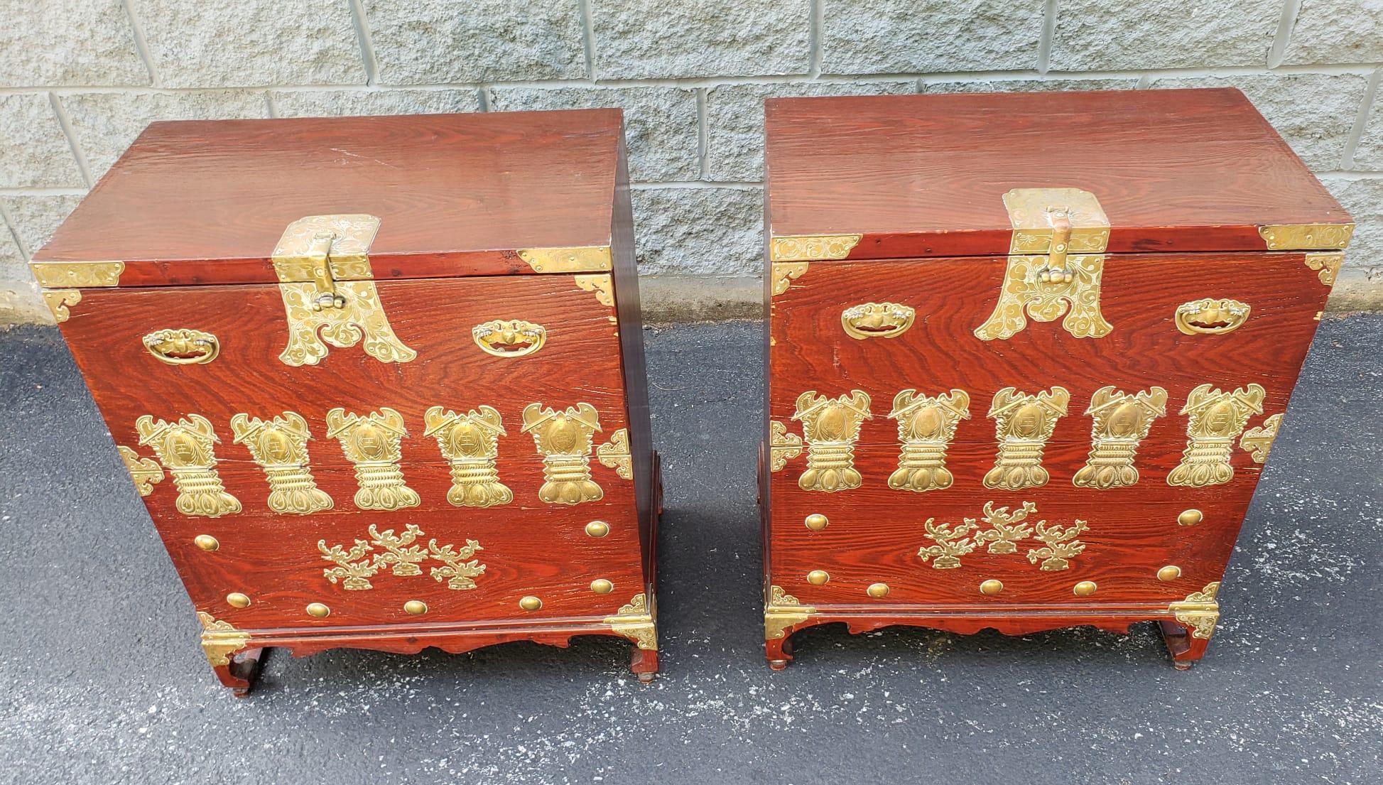Pair of Chinese Brass Mounted Elm Wood Abattant Side Cabinets, Circa 1950s For Sale 1