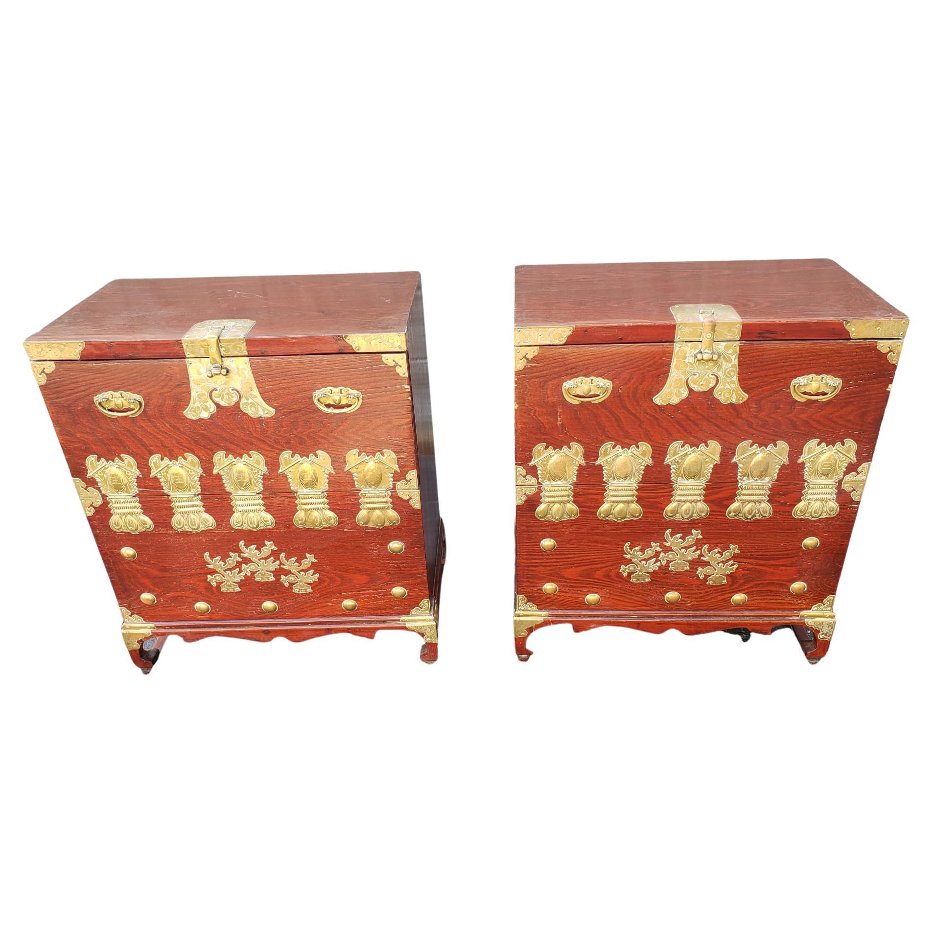 Pair of Chinese Brass Mounted Elm Wood Abattant Side Cabinets, Circa 1950s