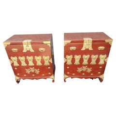 Retro Pair of Chinese Brass Mounted Elm Wood Abattant Side Cabinets, Circa 1950s