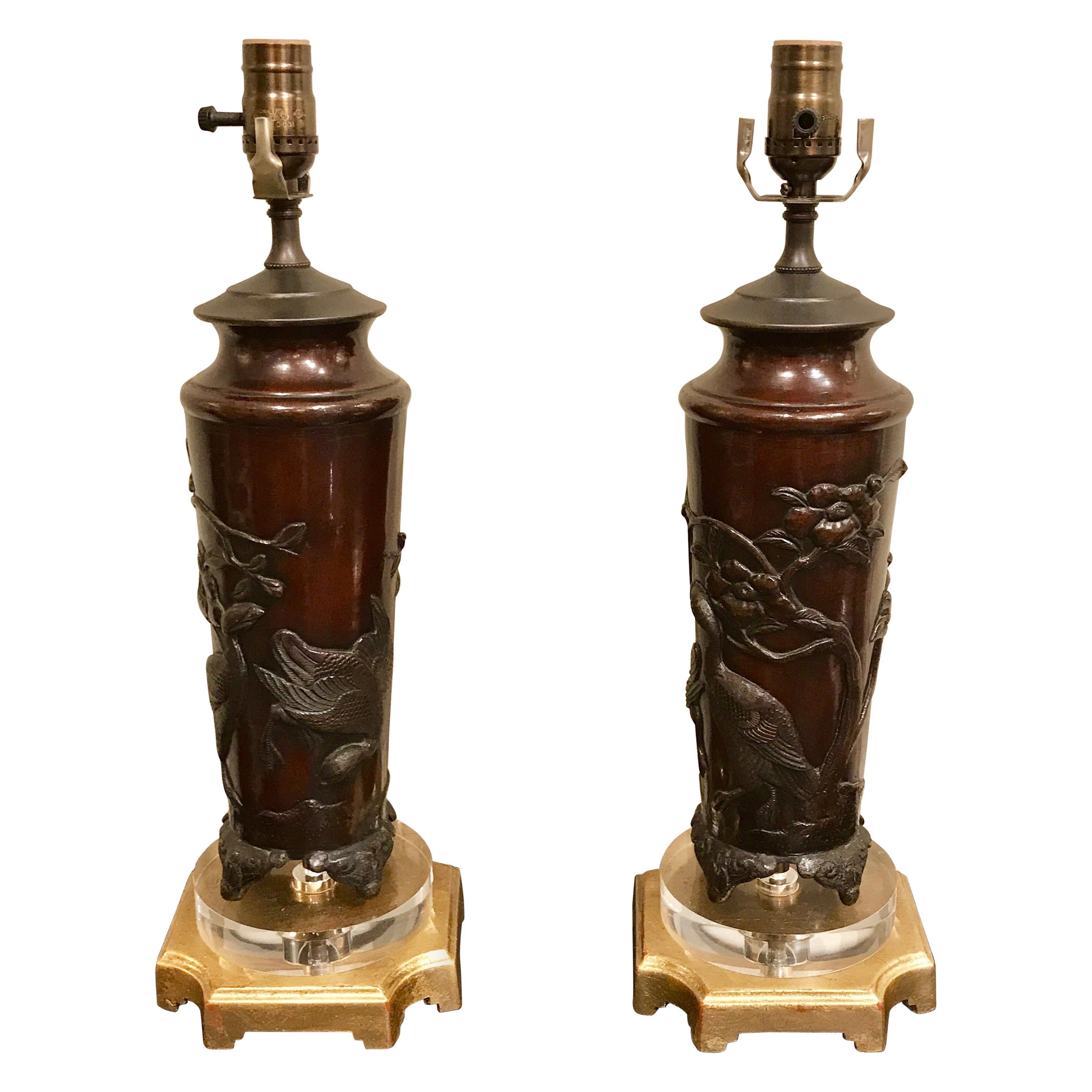 Pair of Chinese Bronze Bird Motif Vases, Now as Lamps For Sale