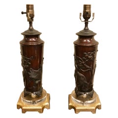 Pair of Chinese Bronze Bird Motif Vases, Now as Lamps