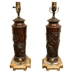 Pair of Chinese Bronze Bird Motif Vases, Now as Lamps