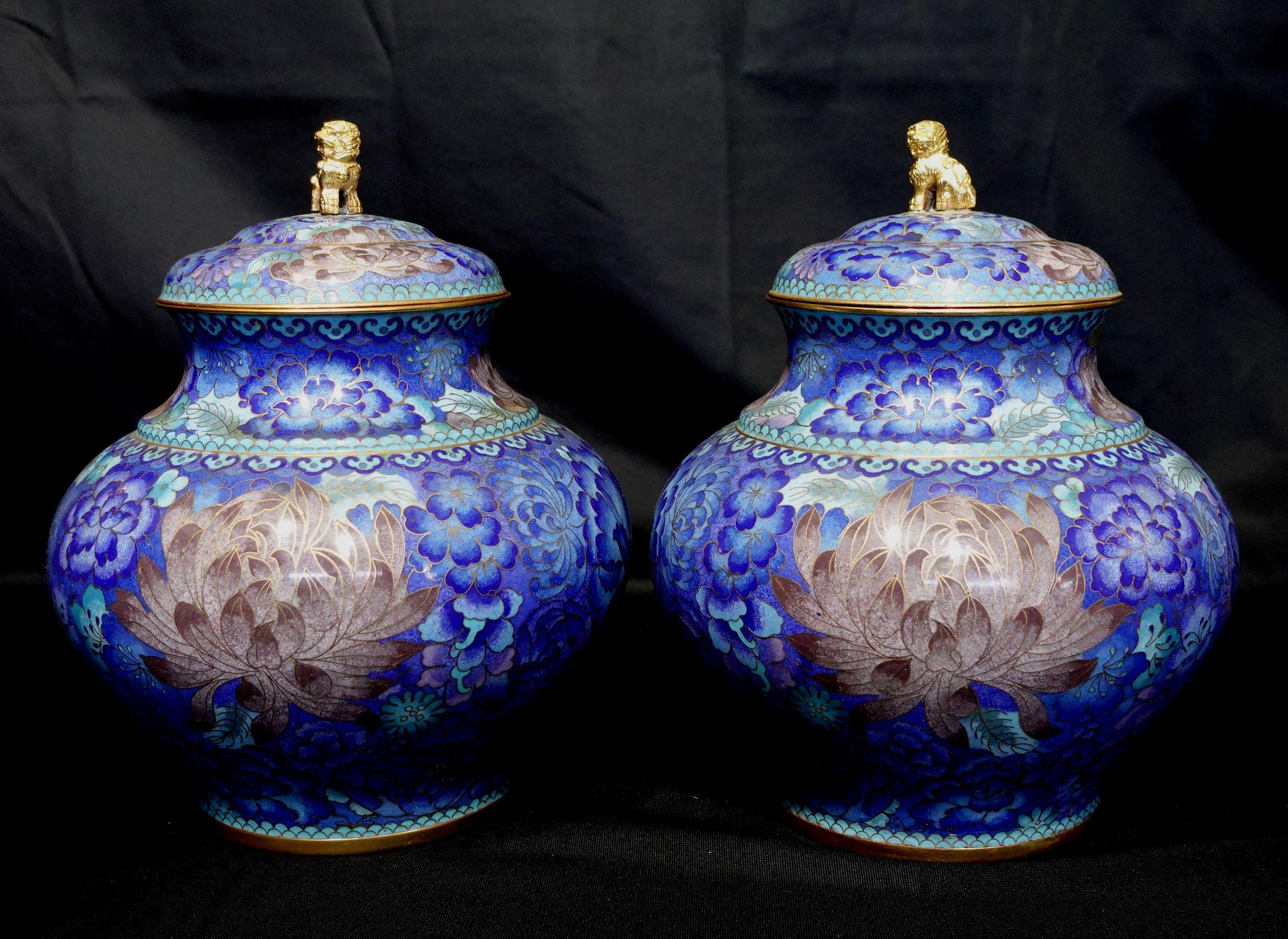 Pair of Chinese Bronze Cloisonné Enameled Lidded Jars w/ Lion Finales For Sale 4