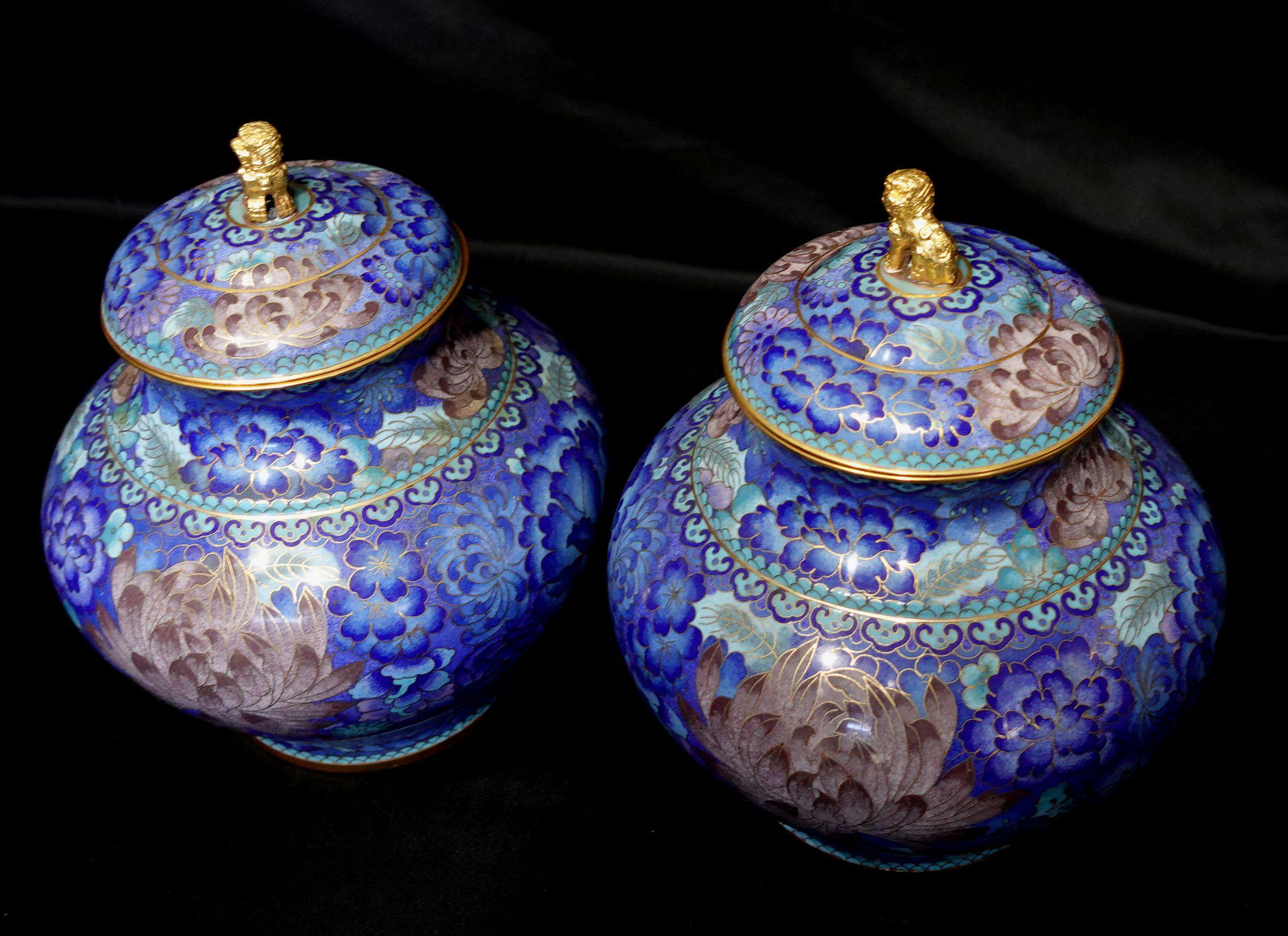 Pair of Chinese Bronze Cloisonné Enameled Lidded Jars w/ Lion Finales For Sale 5