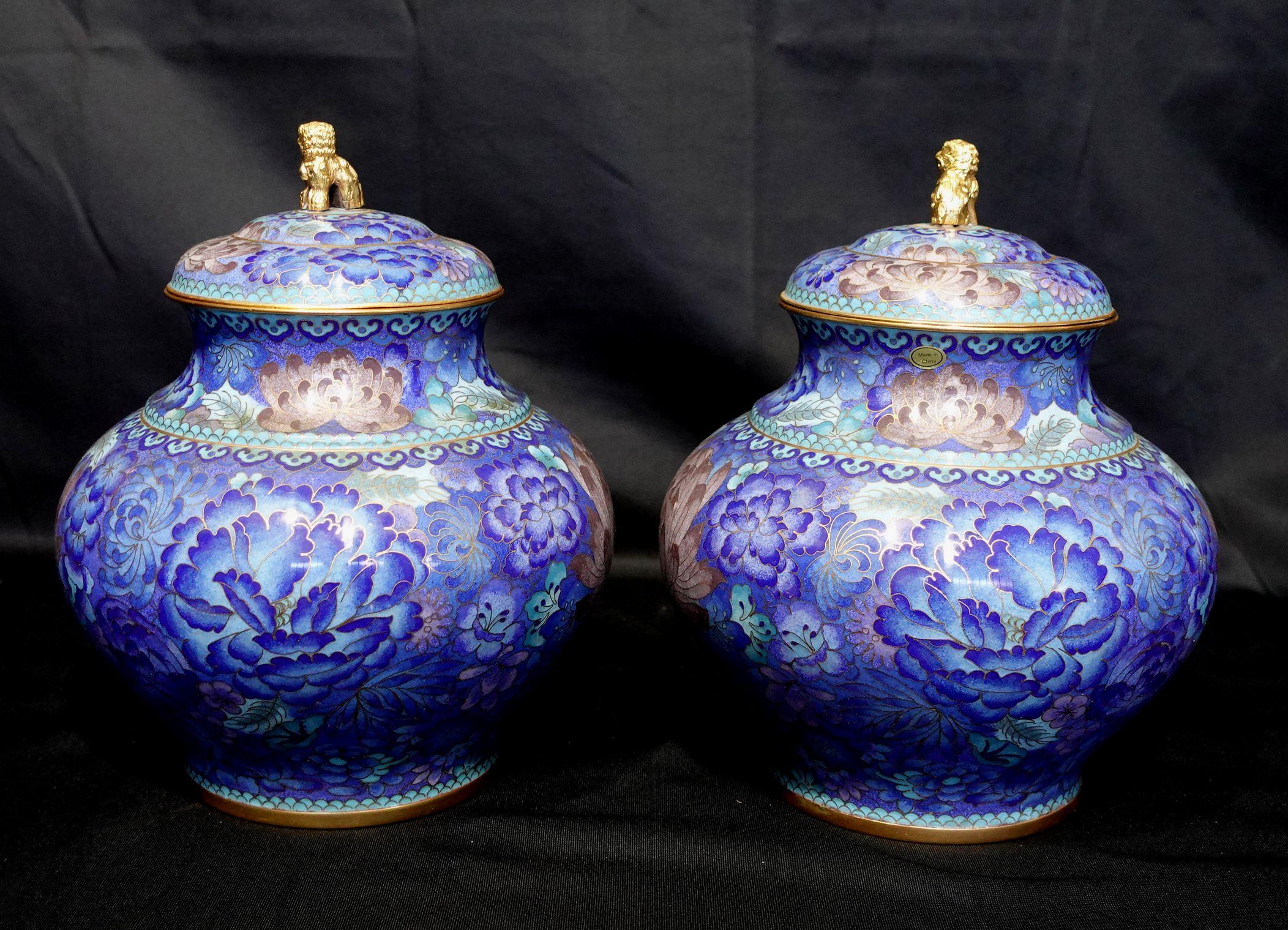 Pair of Chinese Bronze Cloisonné Enameled Lidded Jars w/ Lion Finales For Sale 7