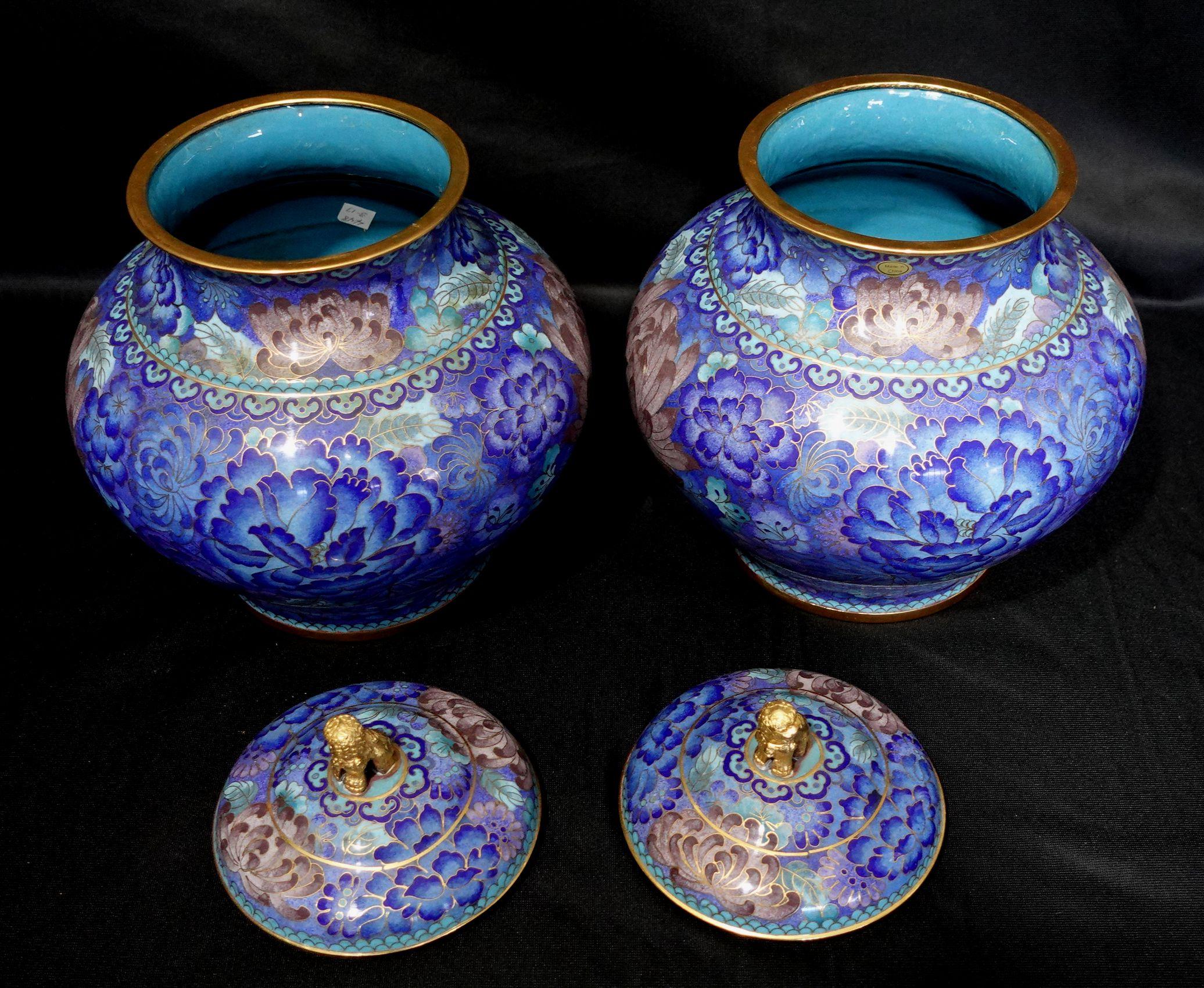 Pair of Chinese Bronze Cloisonné Enameled Lidded Jars w/ Lion Finales For Sale 8