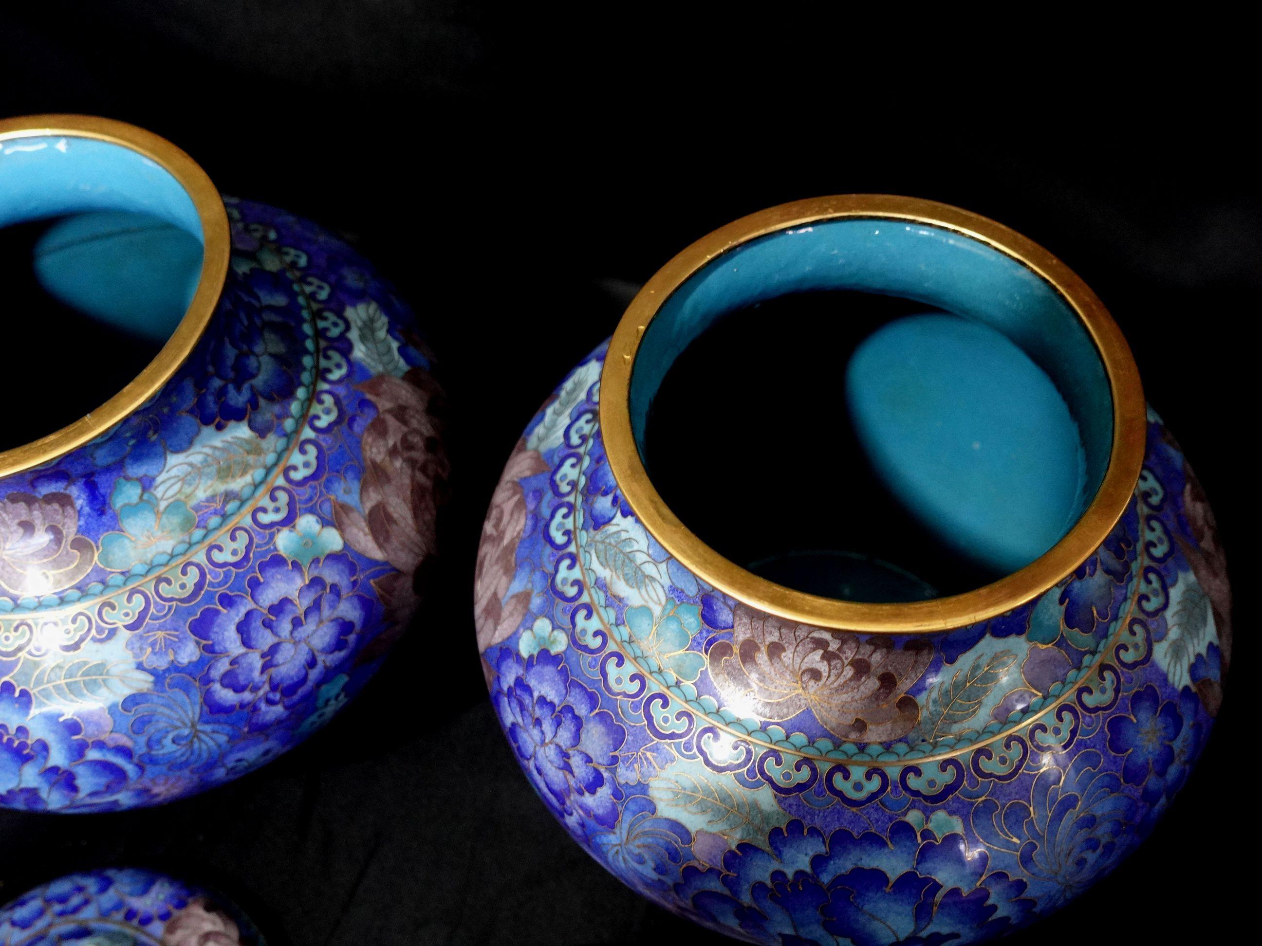 Pair of Chinese Bronze Cloisonné Enameled Lidded Jars w/ Lion Finales For Sale 9